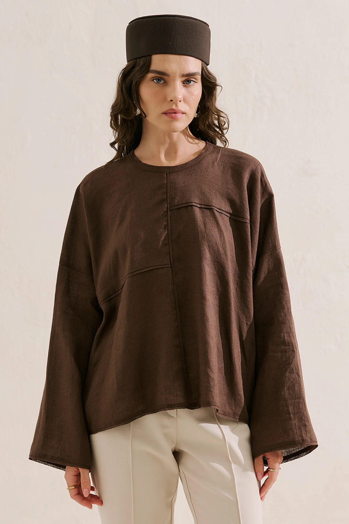 Linen Wide Sleeve Blouse Dark Brown - Image 3