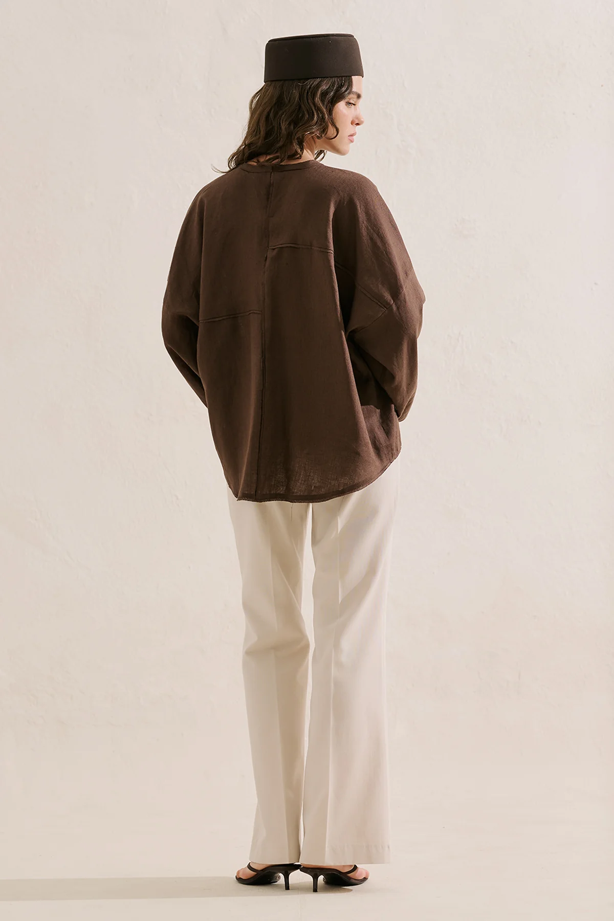 Linen Wide Sleeve Blouse Dark Brown - Image 4