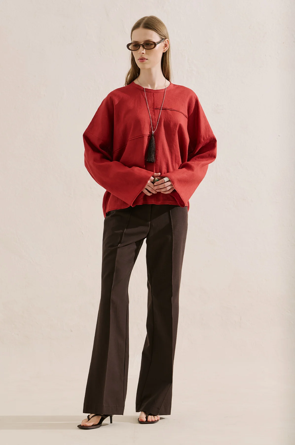 Linen Wide Sleeve Blouse Red - Image 3