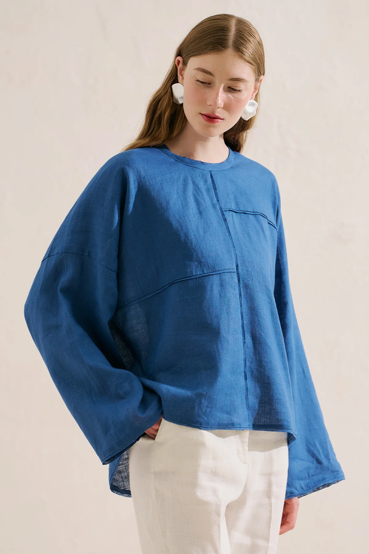 Linen Wide Sleeve Blouse Blue - Image 9