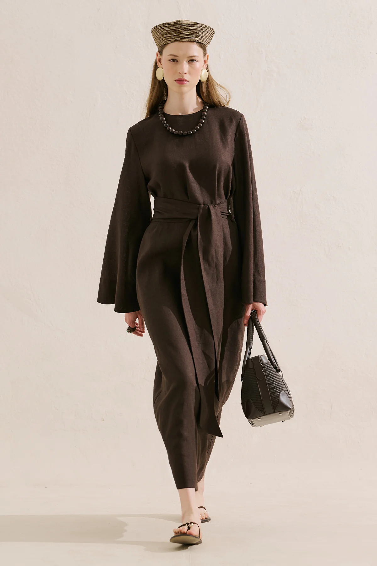 Linen Dress With Wide Belt Dark Brown