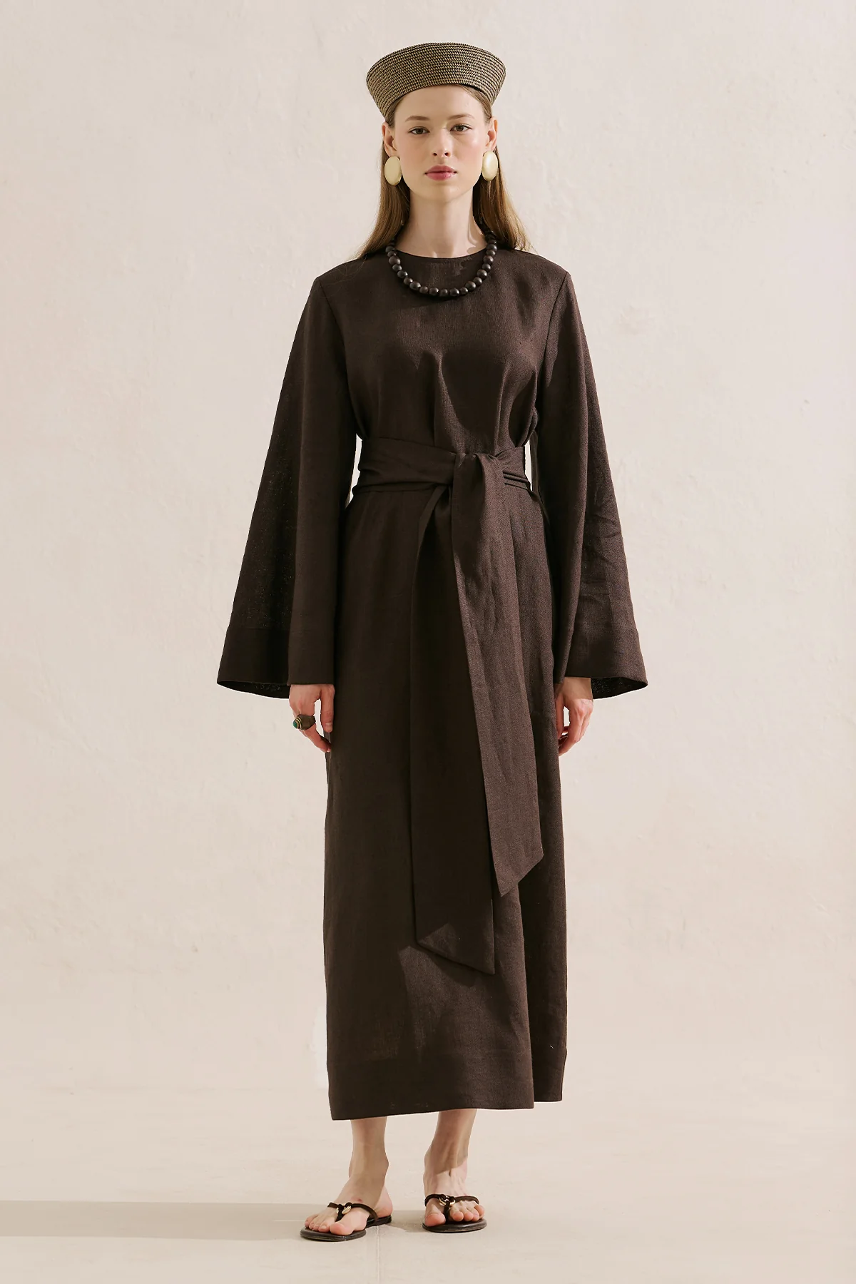 Linen Dress With Wide Belt Dark Brown - Image 2