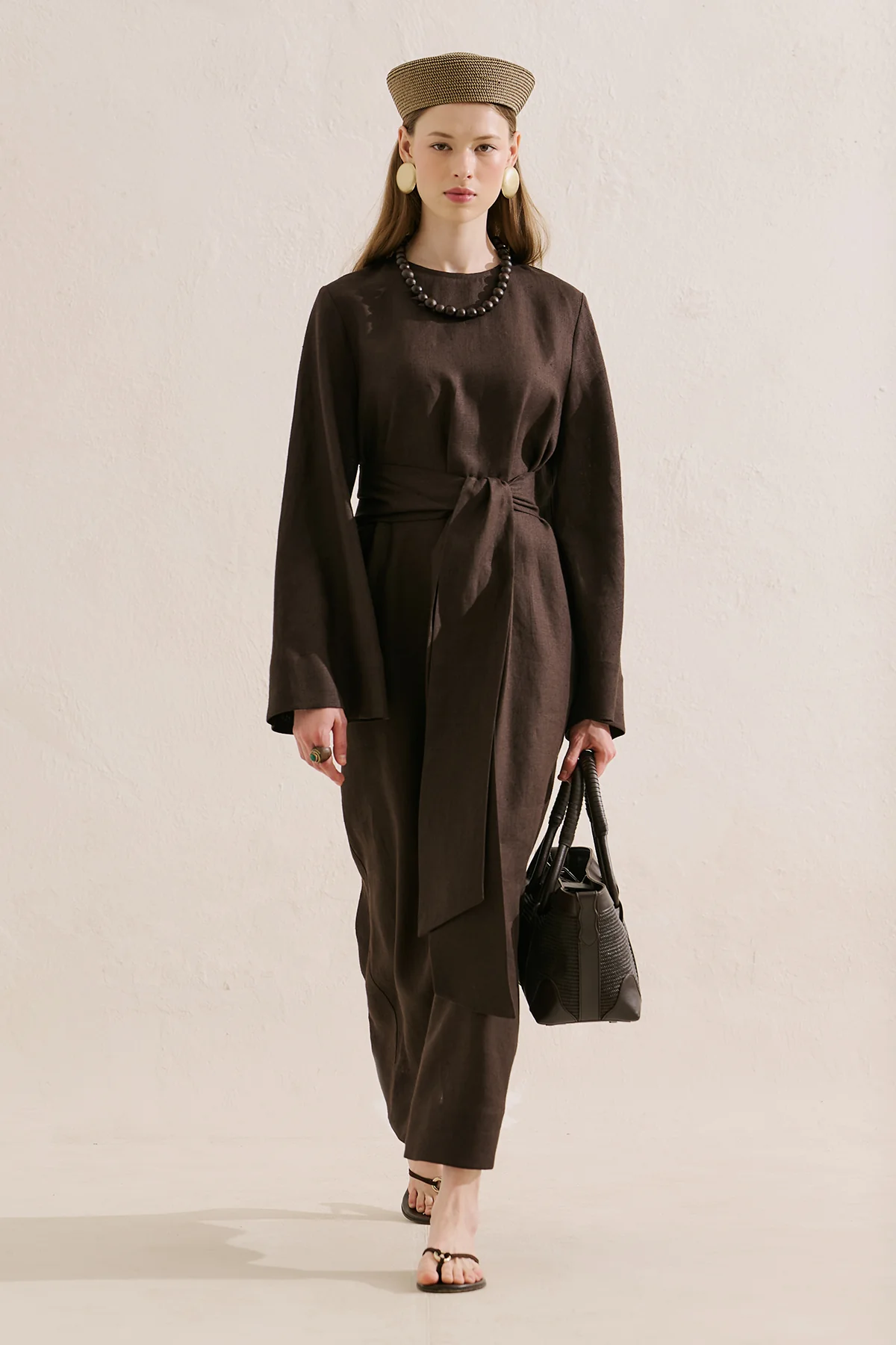 Linen Dress With Wide Belt Dark Brown - Image 3