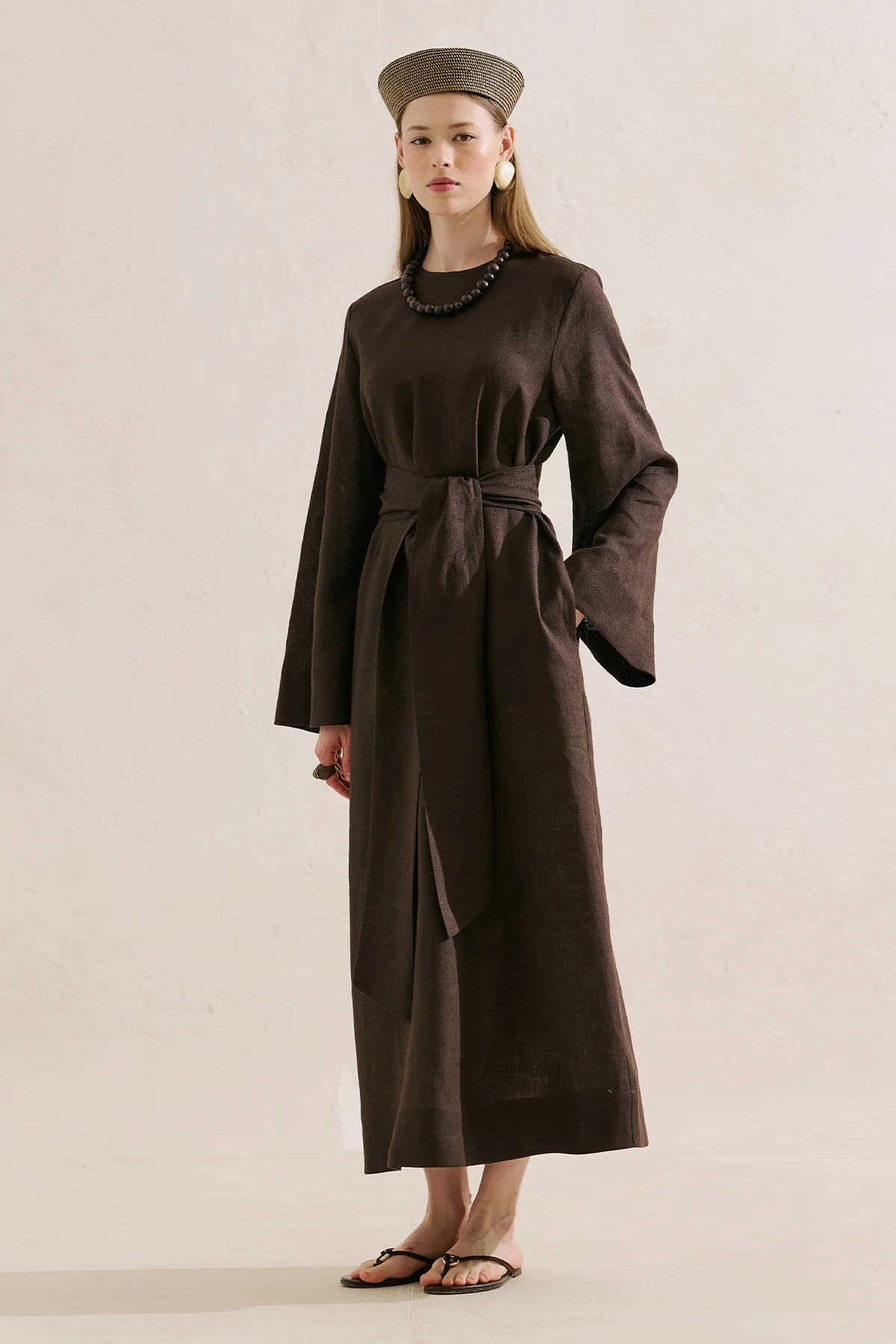 Linen Dress With Wide Belt Dark Brown - Image 4