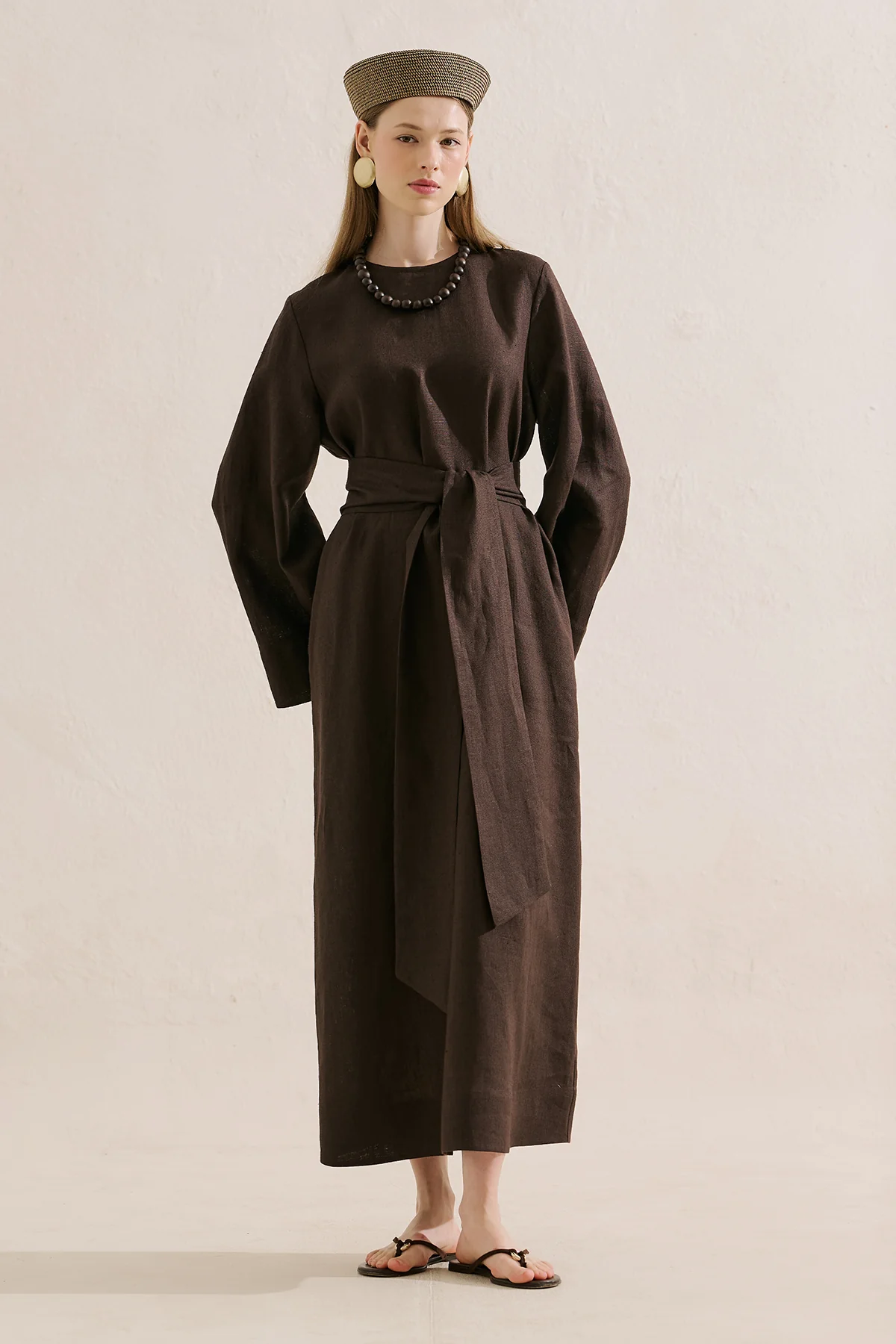 Linen Dress With Wide Belt Dark Brown - Image 5