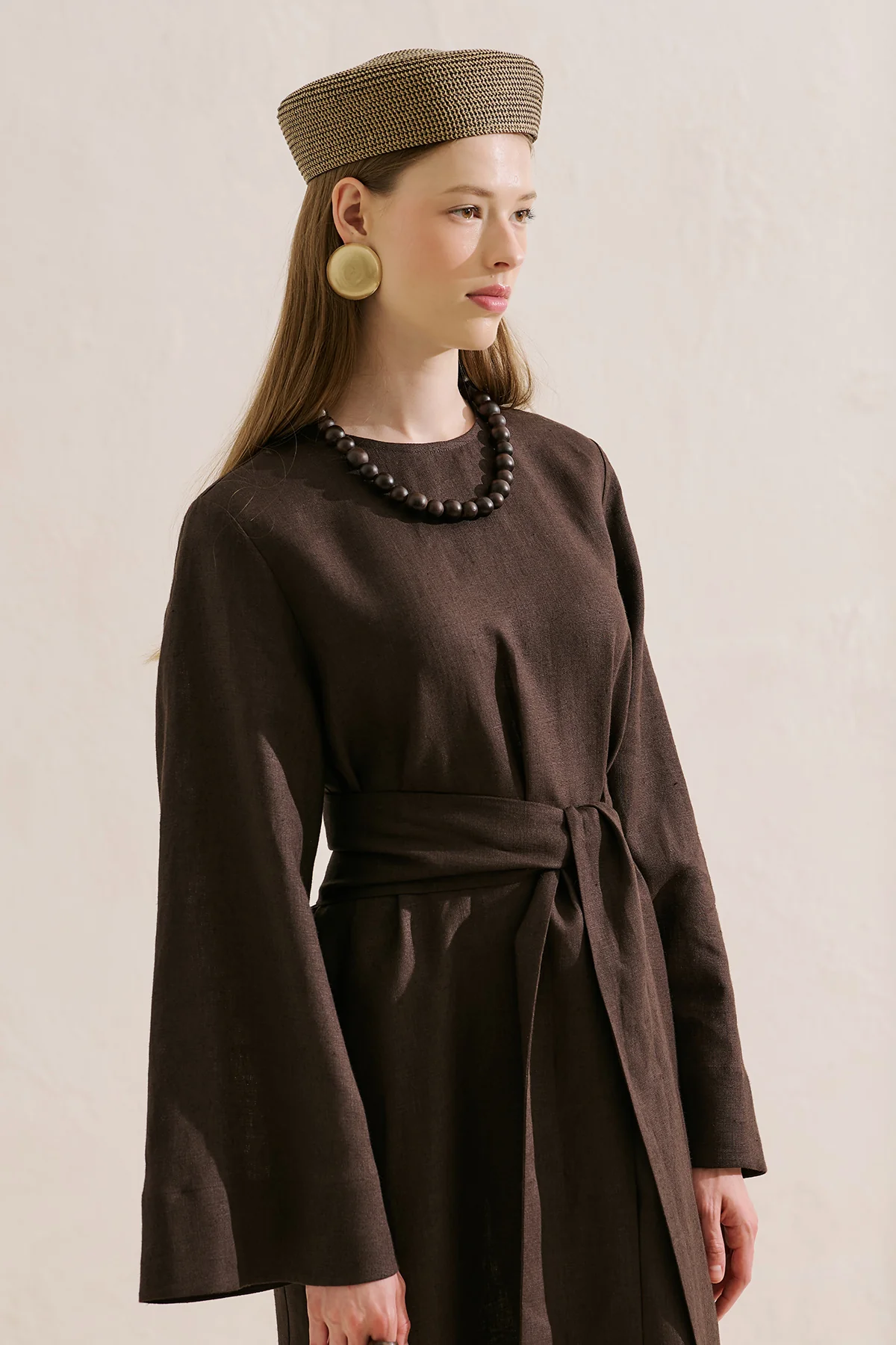 Linen Dress With Wide Belt Dark Brown - Image 6