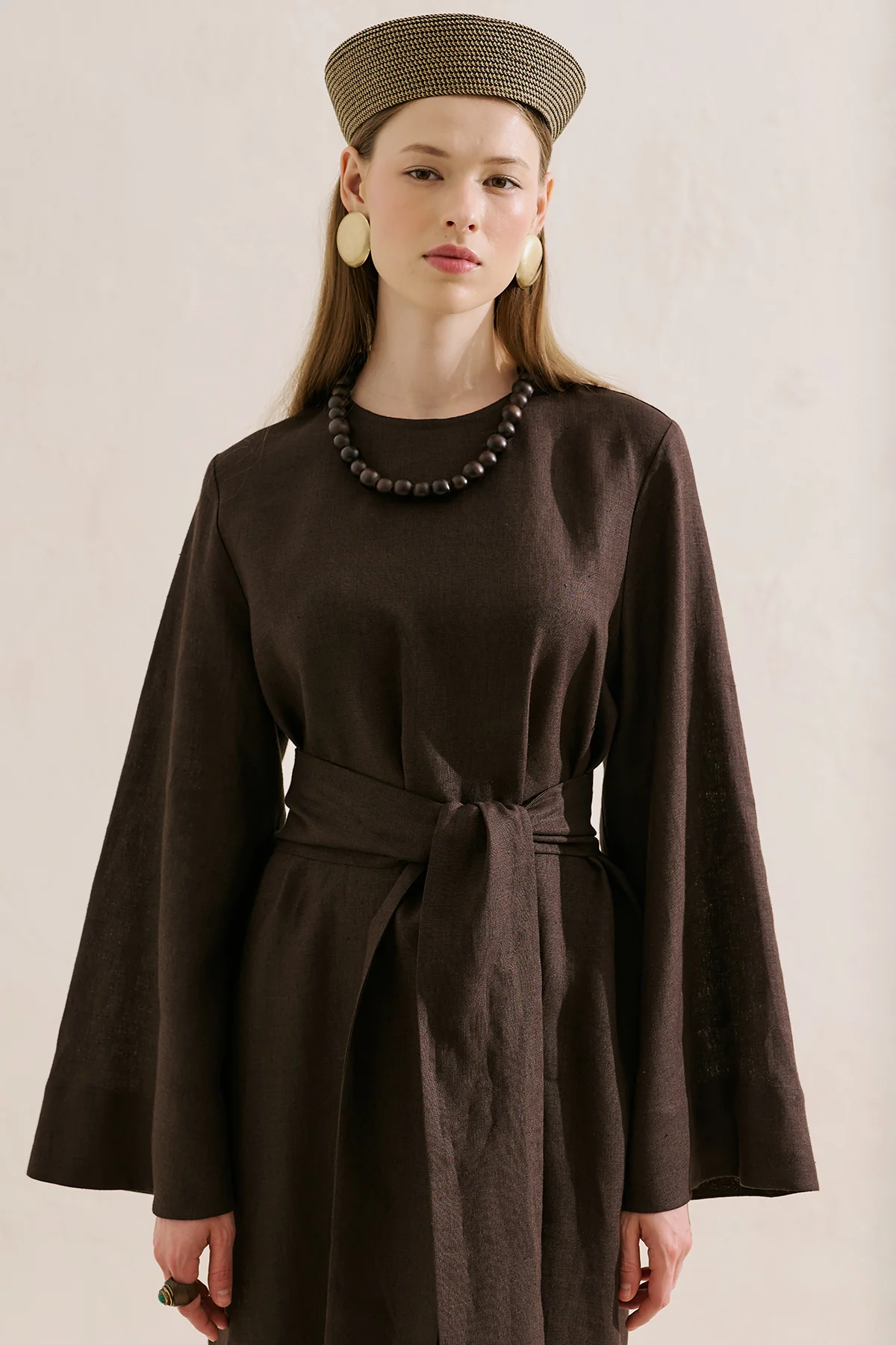 Linen Dress With Wide Belt Dark Brown - Image 7
