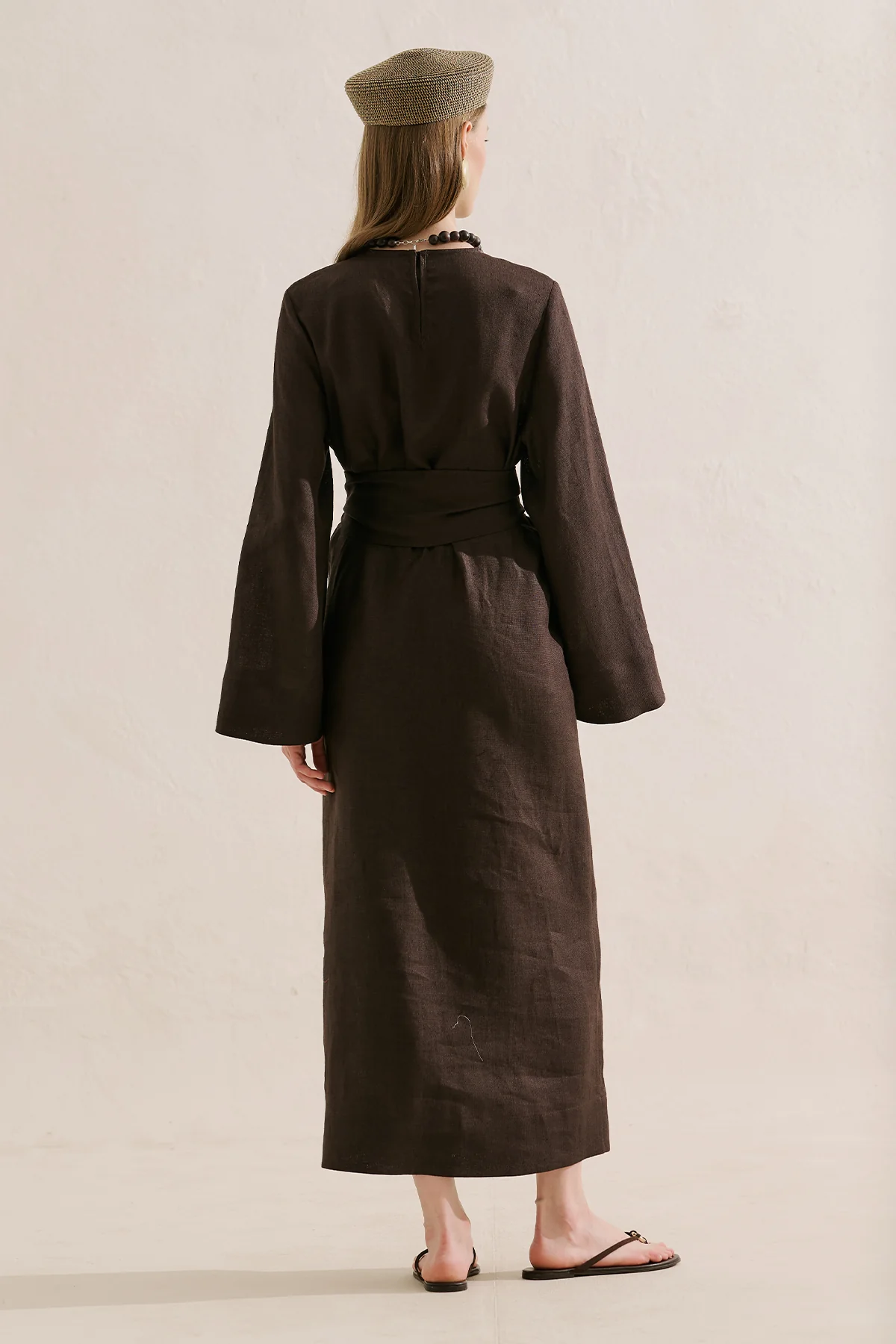 Linen Dress With Wide Belt Dark Brown - Image 8