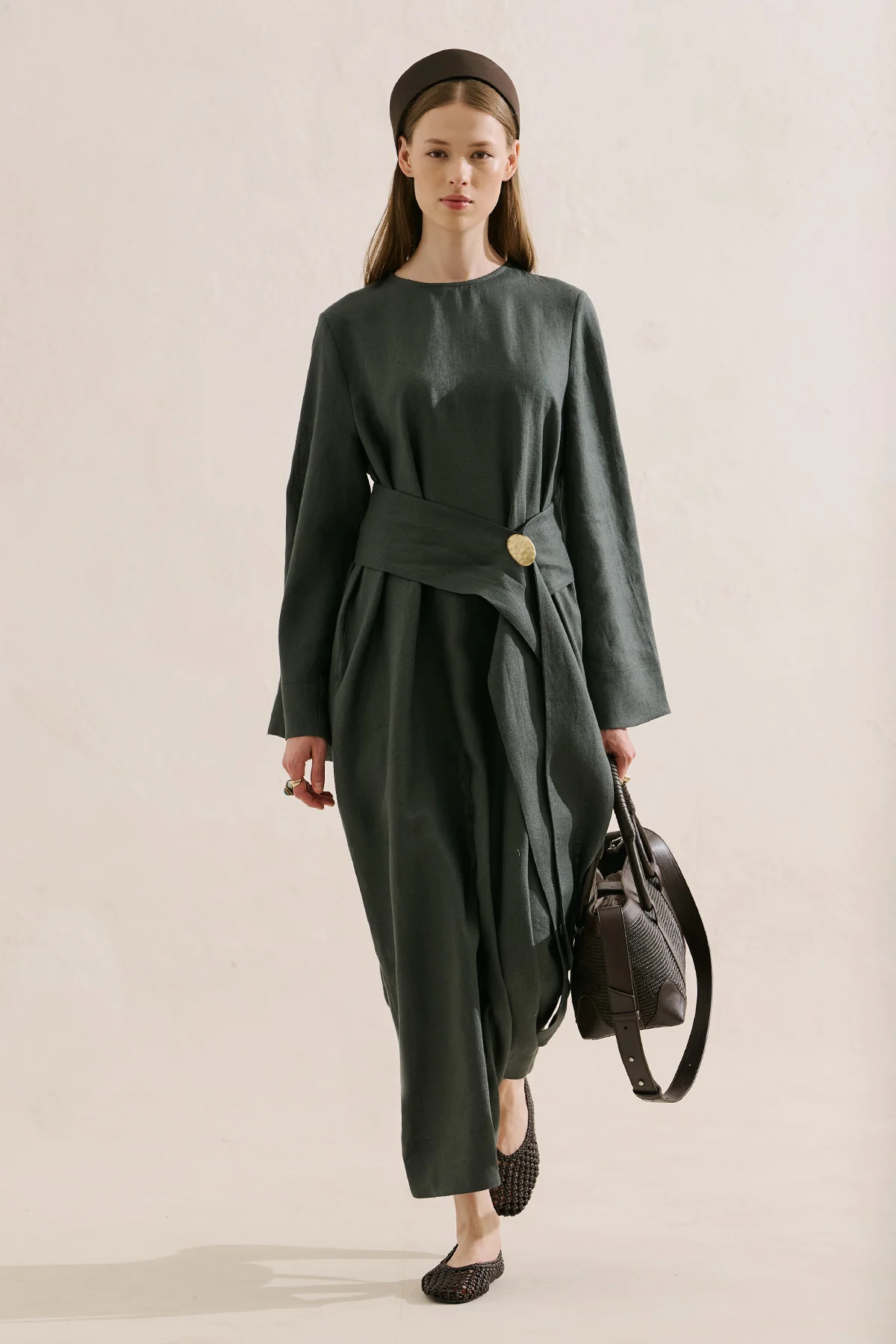 Linen Dress With Wide Belt Dark Green - Image 2