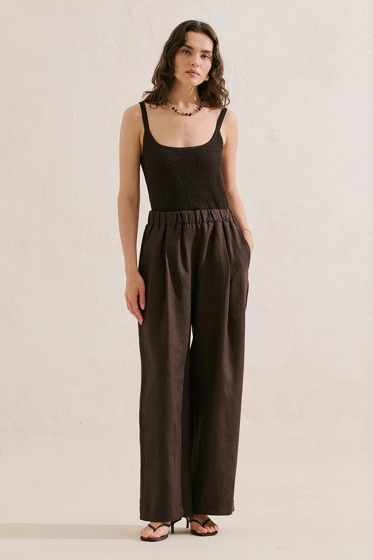 Wide-Leg Linen Trousers Dark Brown - Image 3