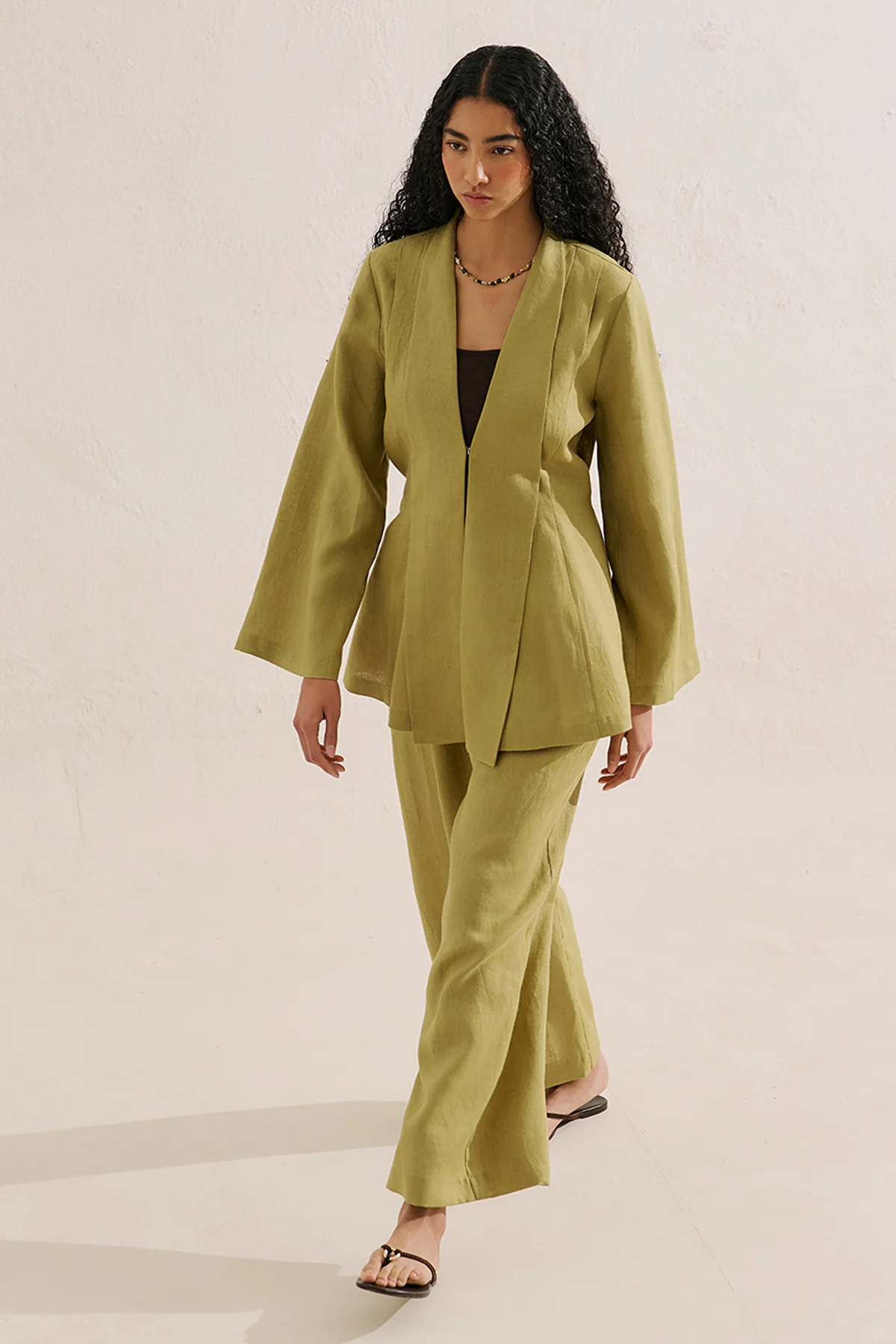 Wide-Leg Linen Trousers Olive Green - Image 2