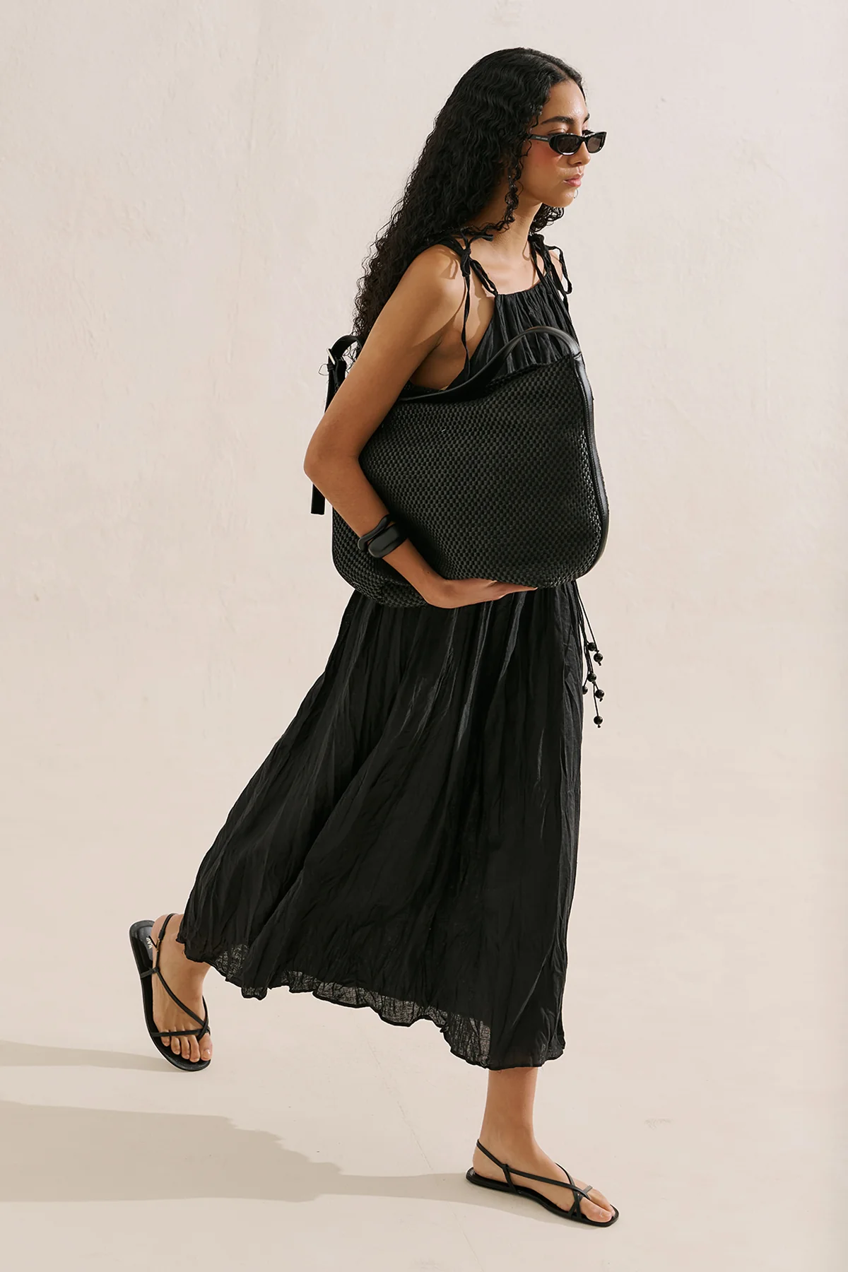 Pleated Linen Dress Black - Image 2