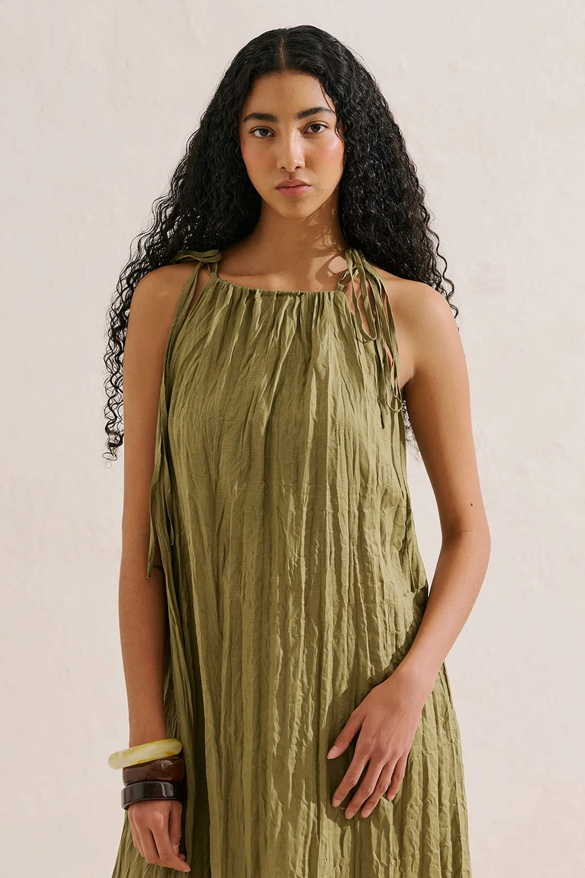 Pleated Linen Dress Green - Image 5