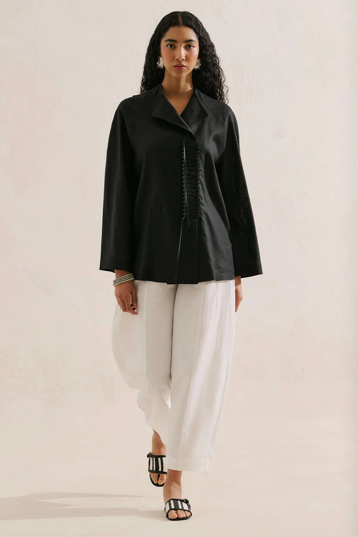 Linen Blend Tie Detail Tunic Black - Image 3