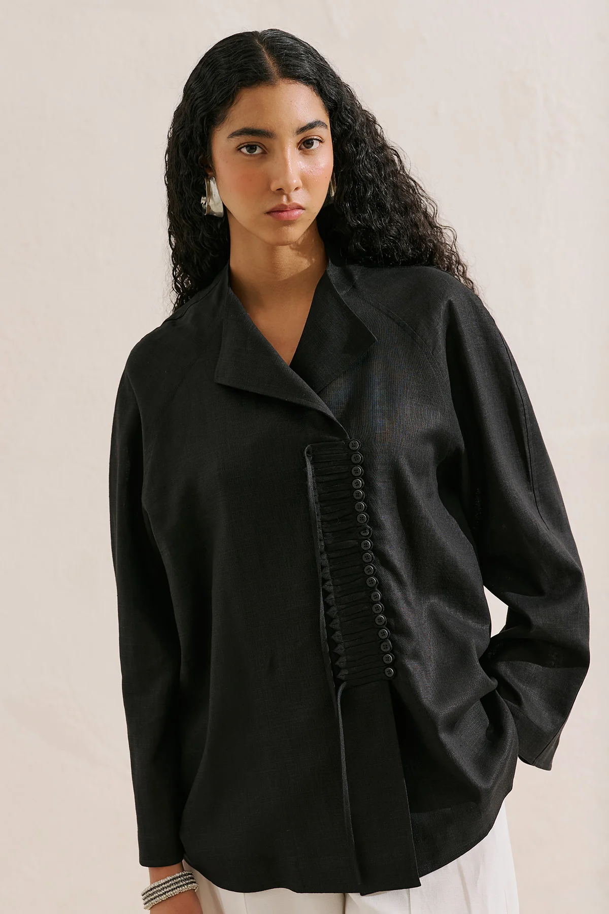 Linen Blend Tie Detail Tunic Black - Image 4