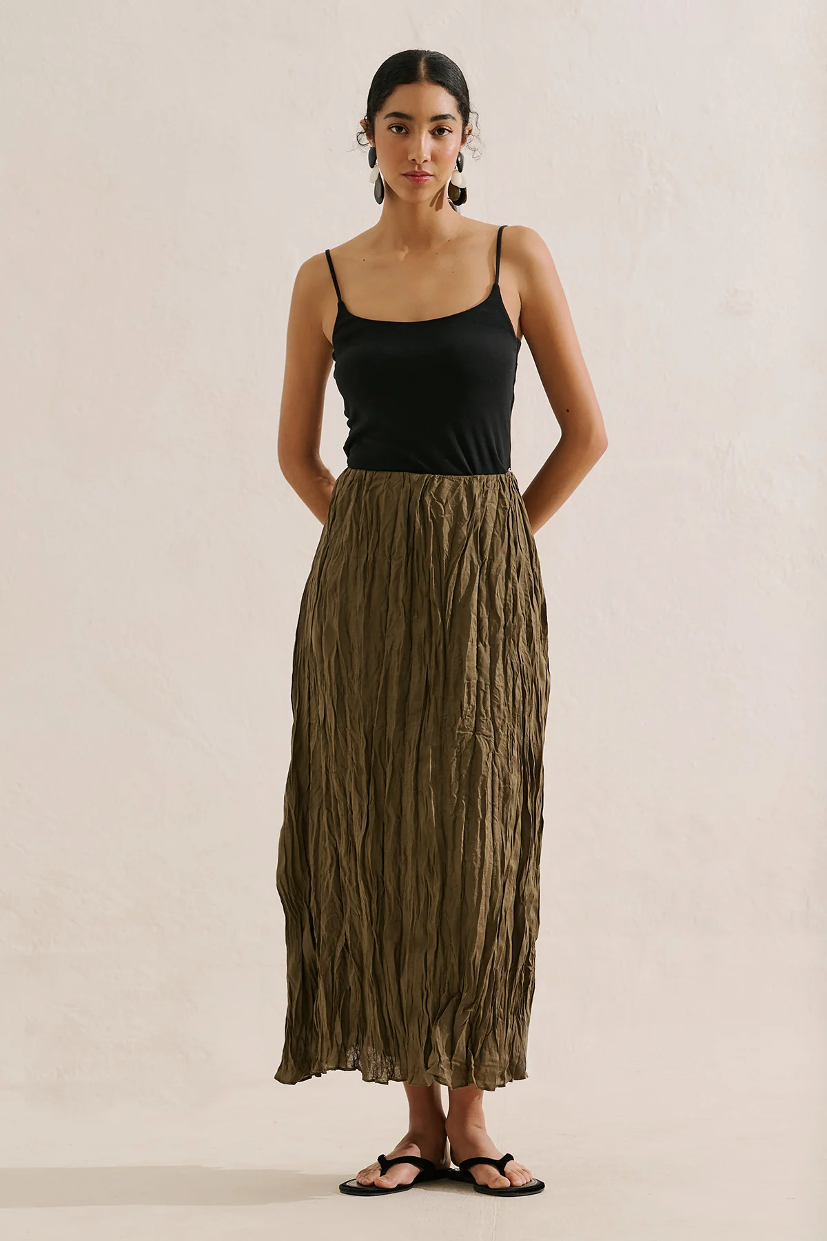 Linen Blend Crinkled Skirt Khaki - Image 5