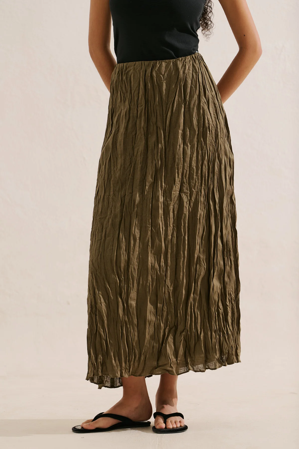 Linen Blend Crinkled Skirt Khaki - Image 7