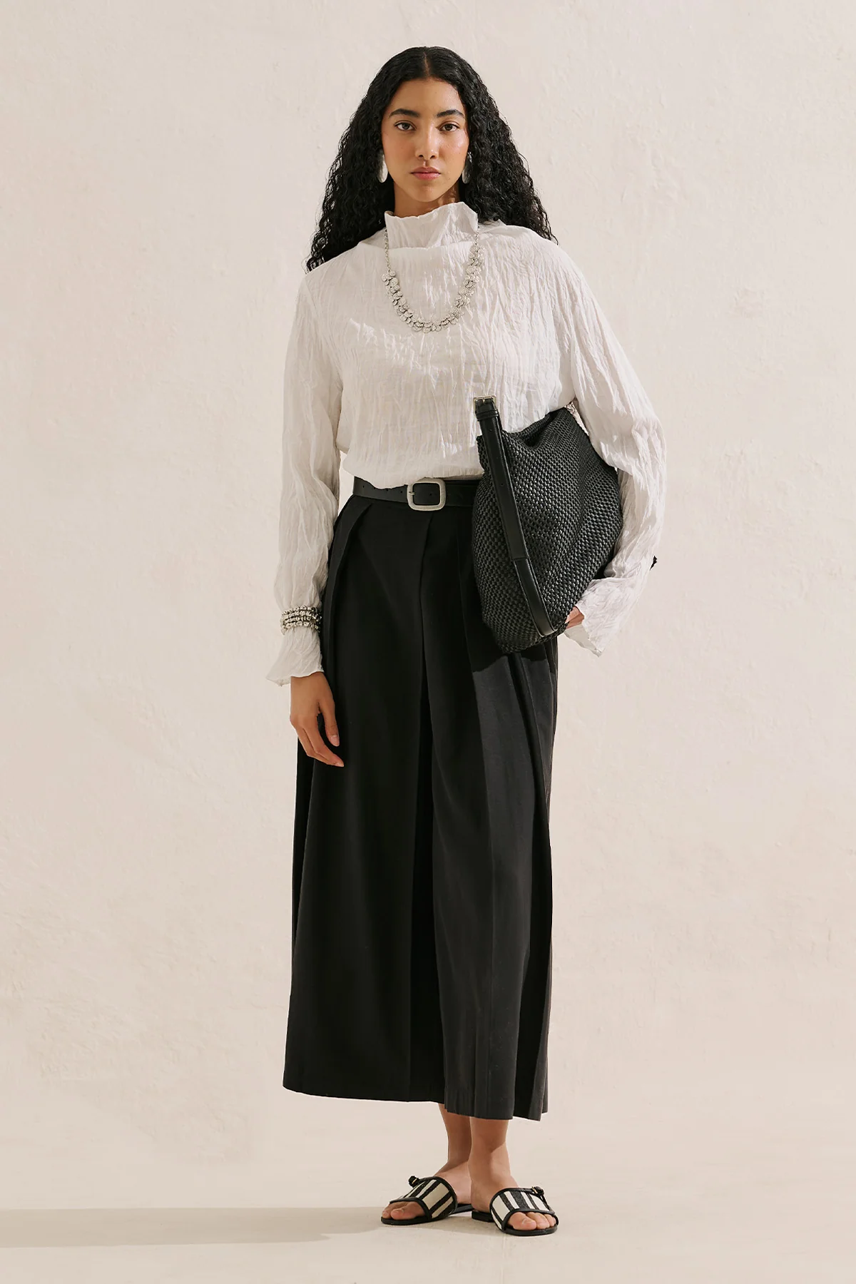 Linen Blend Crinkled Cropped Blouse Ecru