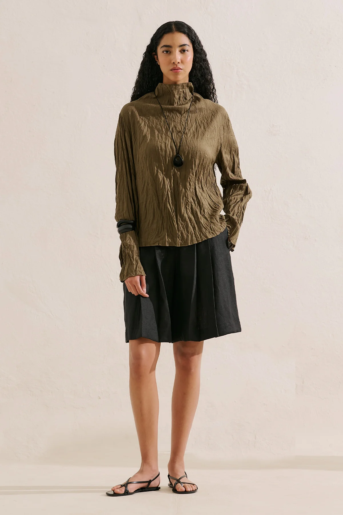 Linen Blend Crinkled Cropped Blouse Khaki