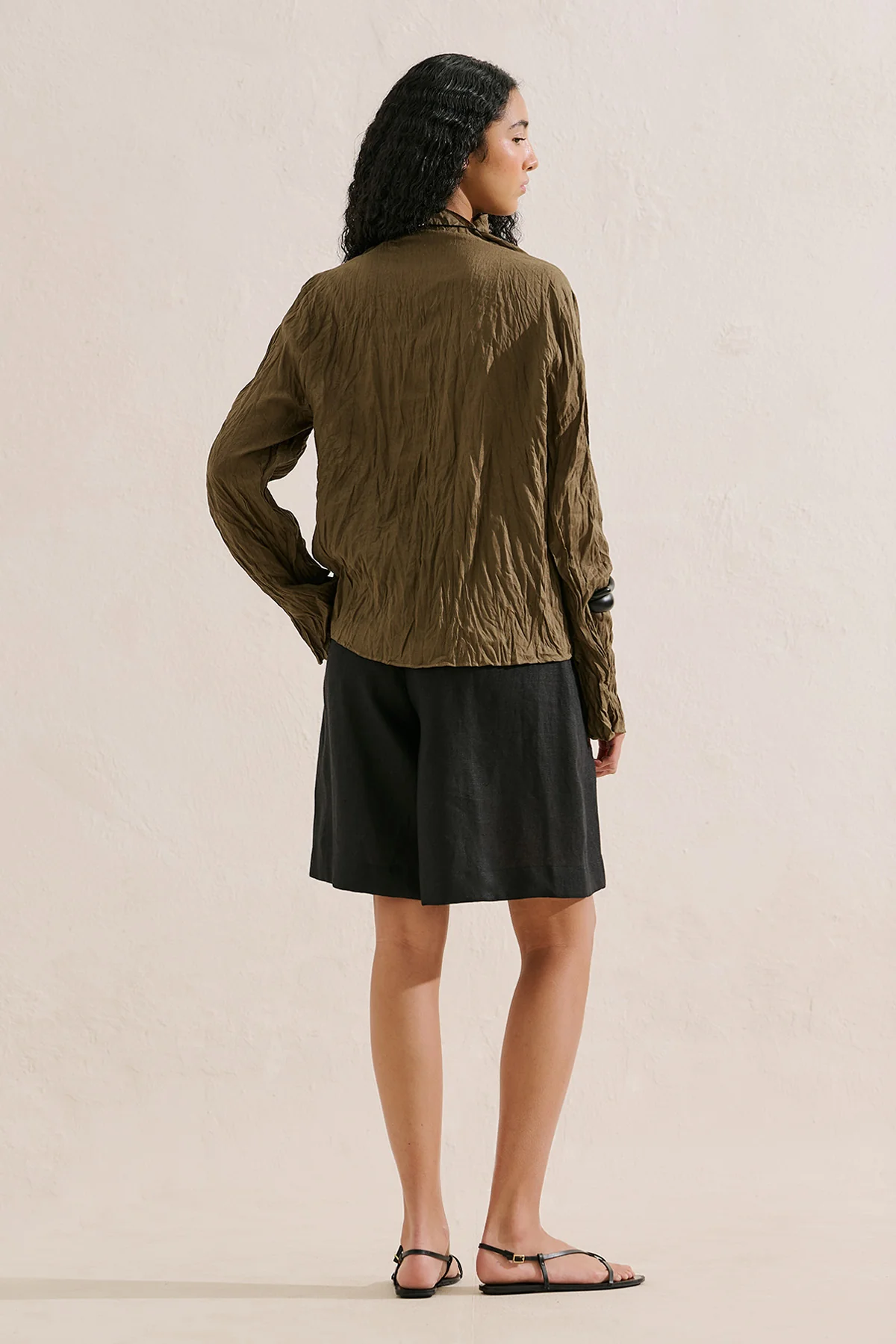 Linen Blend Crinkled Cropped Blouse Khaki - Image 5