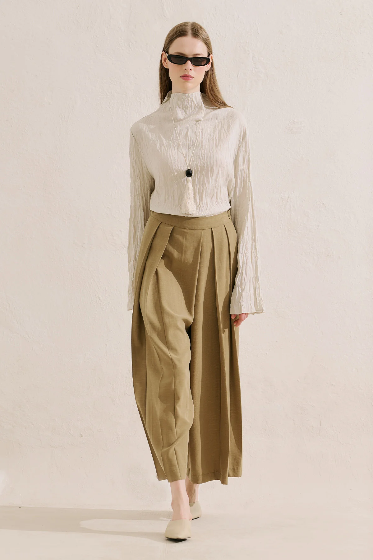 Linen Blend Crinkled Cropped Blouse Natural