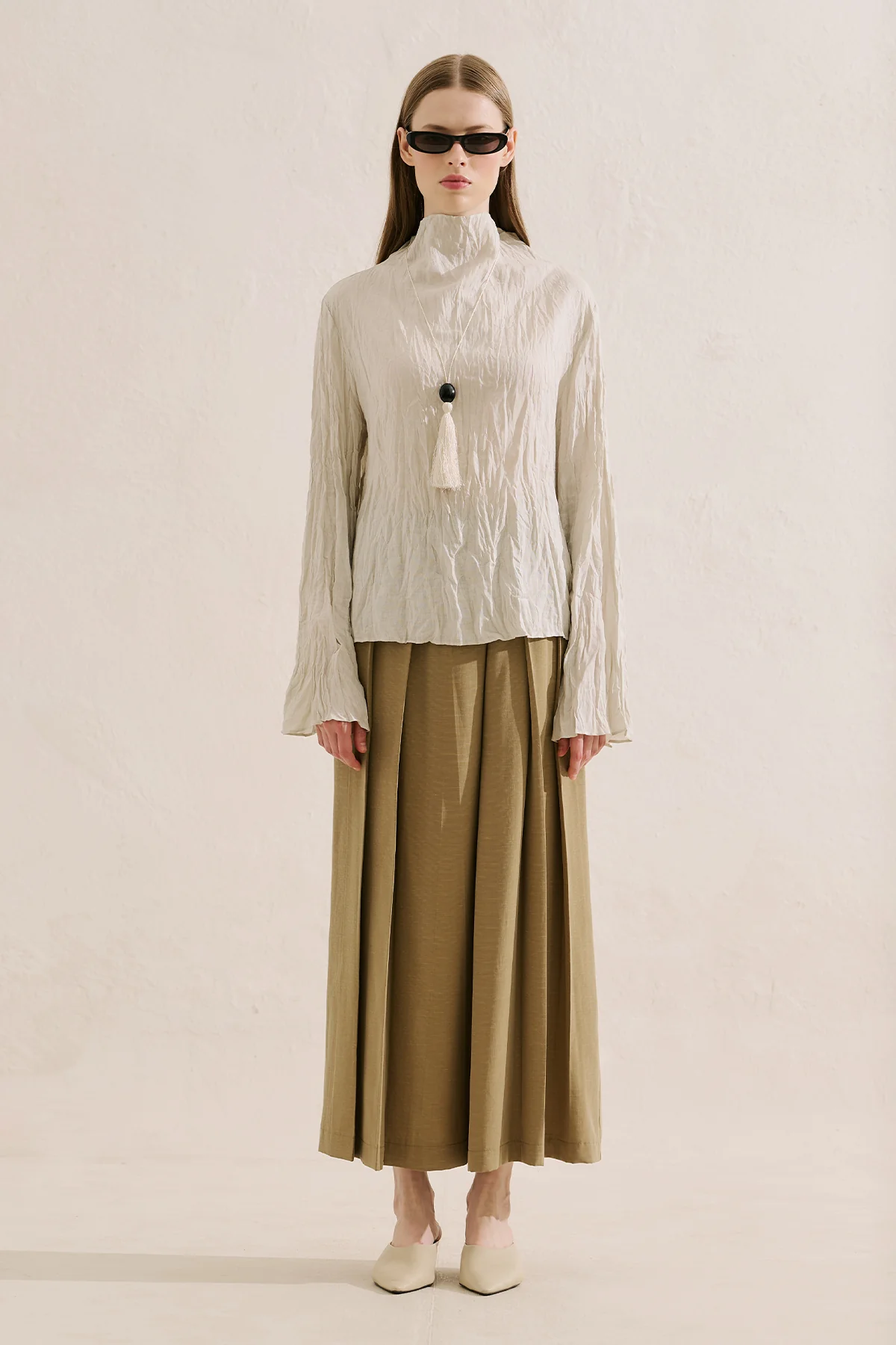 Linen Blend Crinkled Cropped Blouse Natural - Image 3
