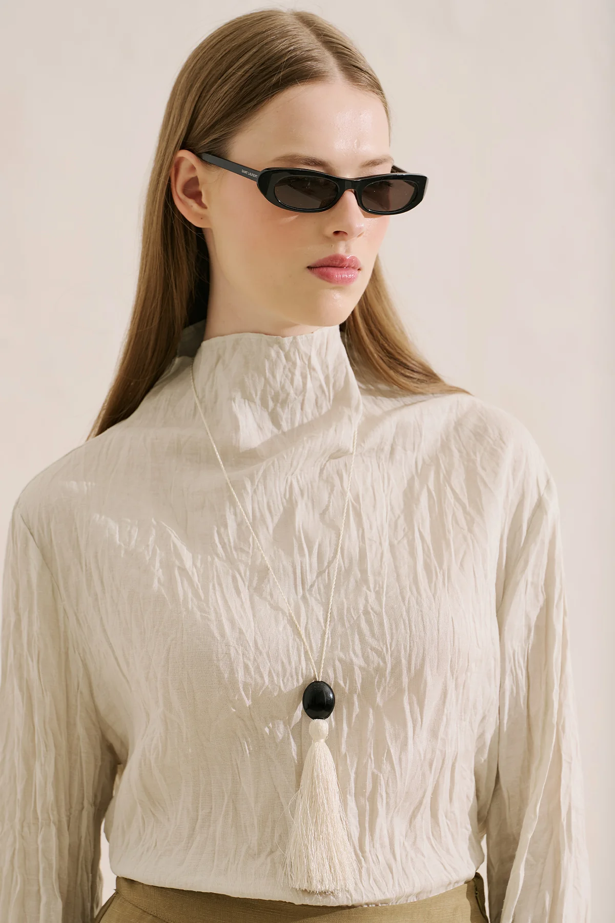 Linen Blend Crinkled Cropped Blouse Natural - Image 8
