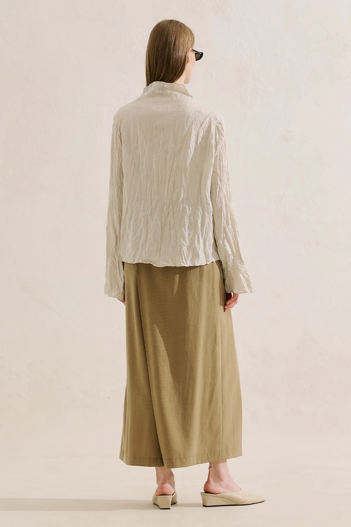 Linen Blend Crinkled Cropped Blouse Natural - Image 9