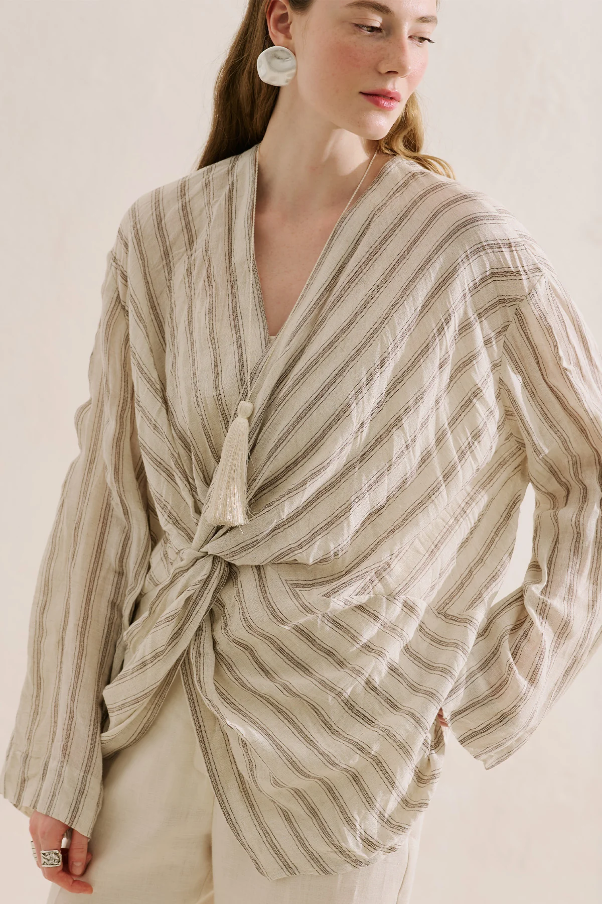 Linen Blend Knot Detail Blouse Brown - Image 7