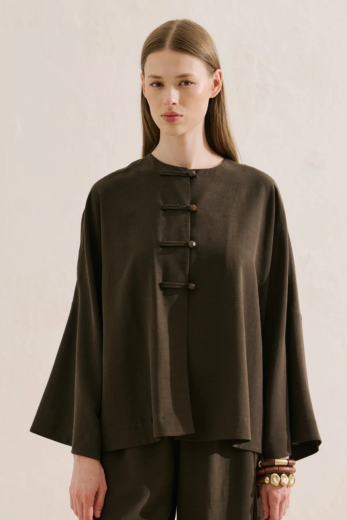 Linen Blend Wide Sleeve Jacket Dark Brown - Image 2