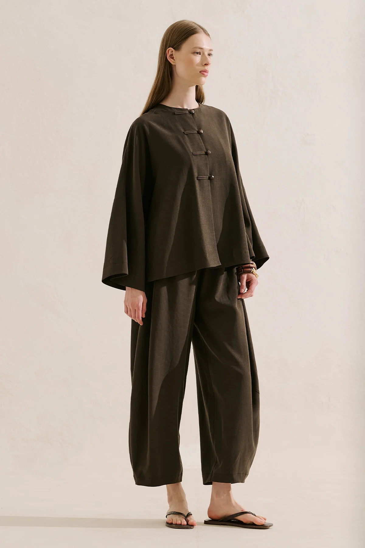 Linen Blend Wide Sleeve Jacket Dark Brown - Image 3