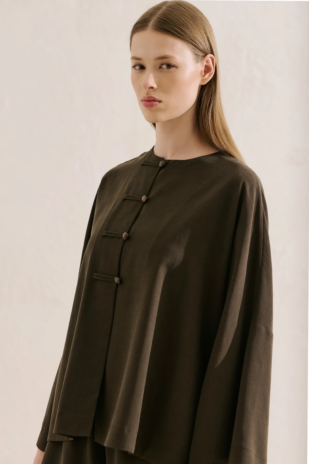 Linen Blend Wide Sleeve Jacket Dark Brown - Image 4