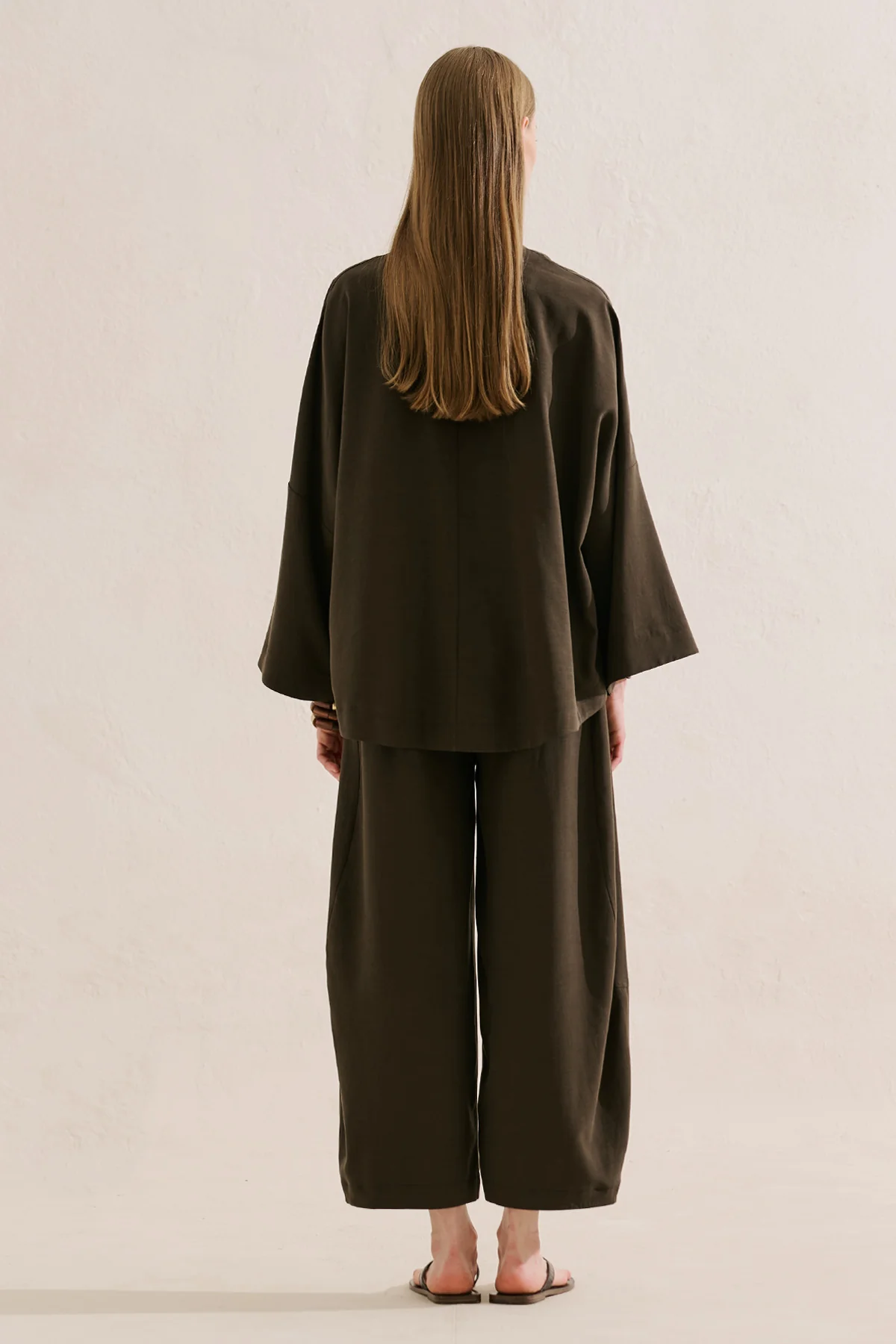 Linen Blend Wide Sleeve Jacket Dark Brown - Image 5