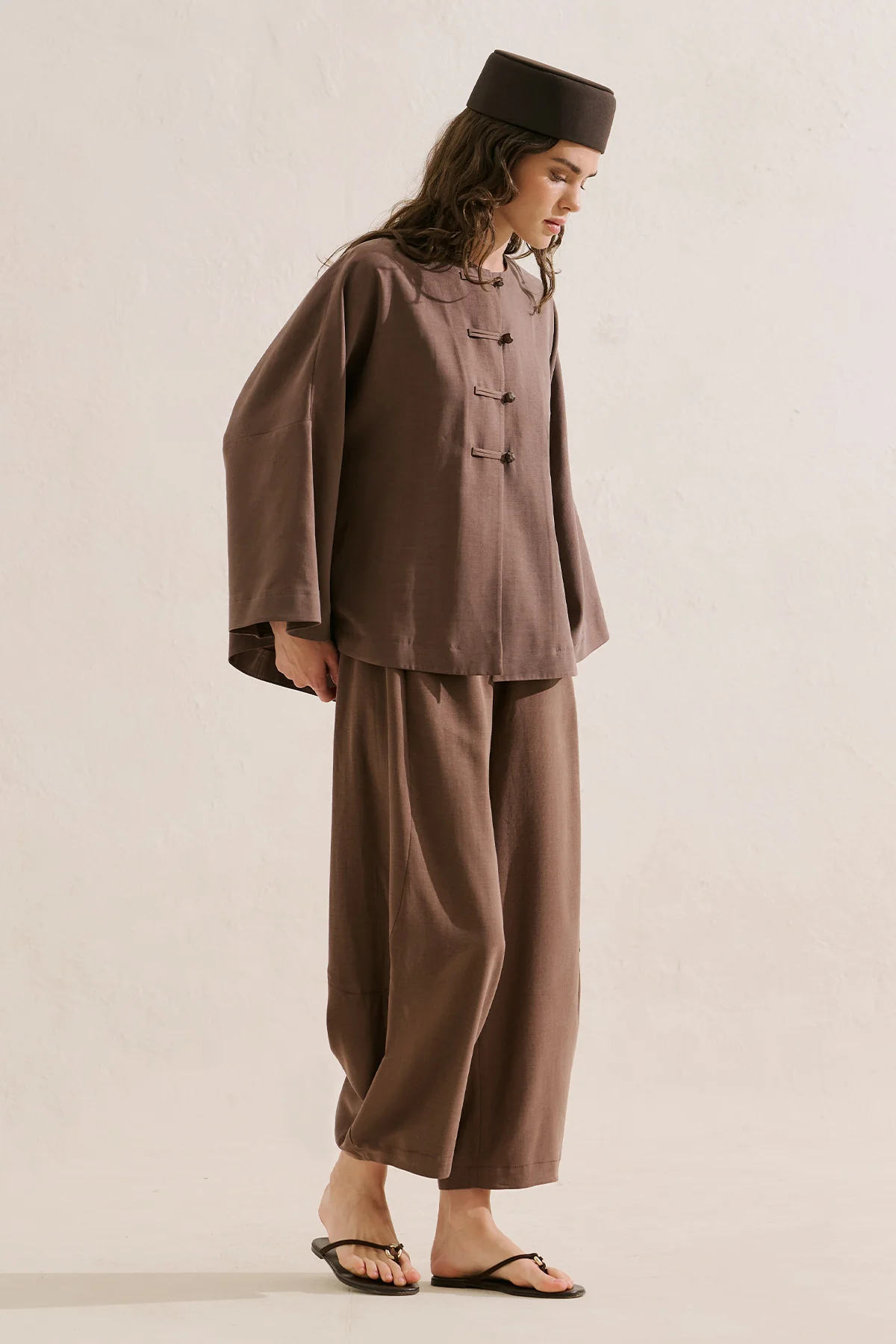 Linen Blend Wide Sleeve Jacket Brown - Image 3
