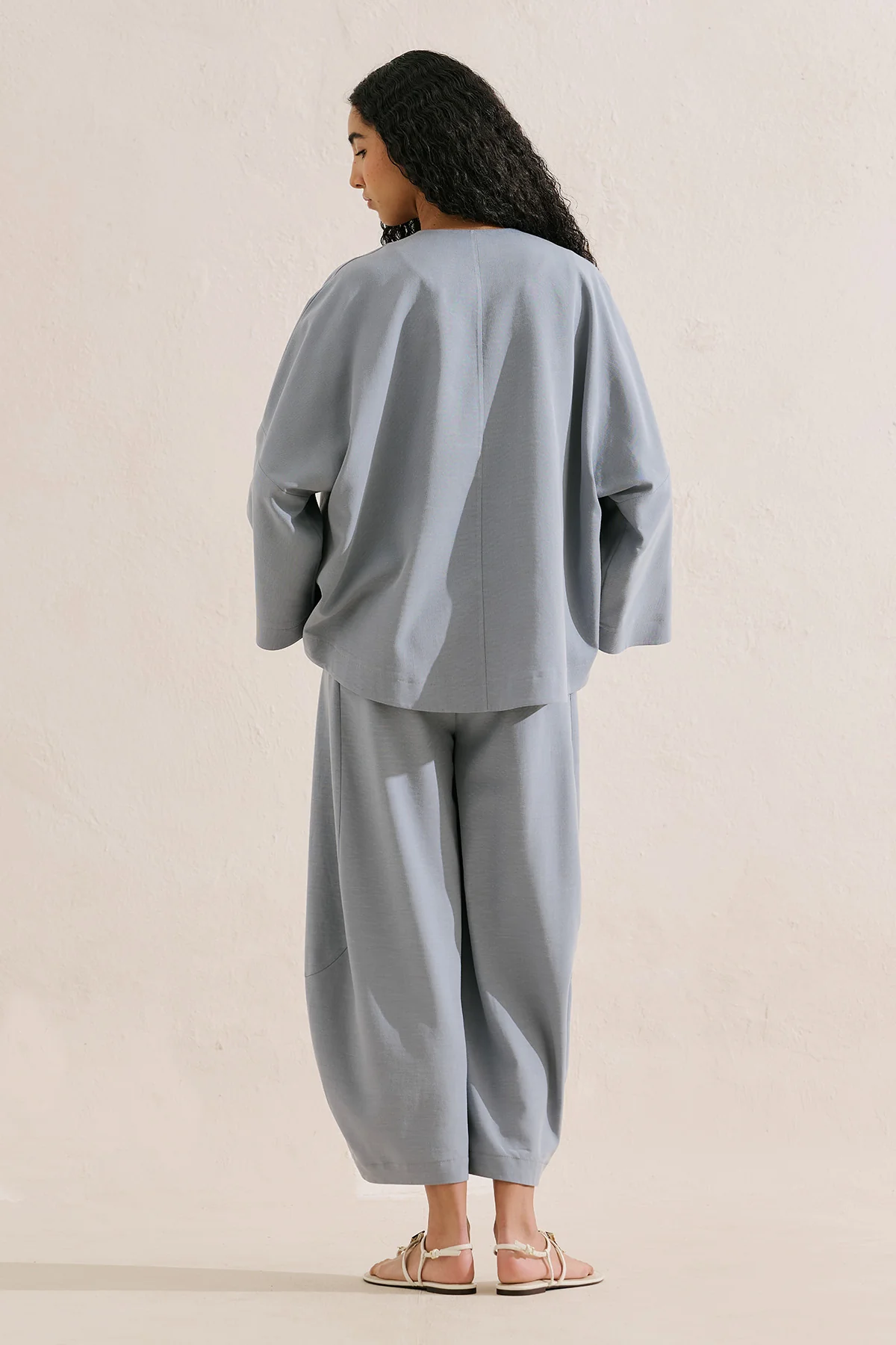 Linen Blend Wide Sleeve Jacket Blue - Image 9
