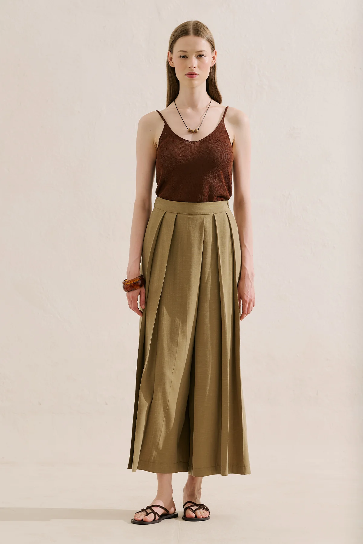 Linen Blend Skirt Effect Trousers Camel