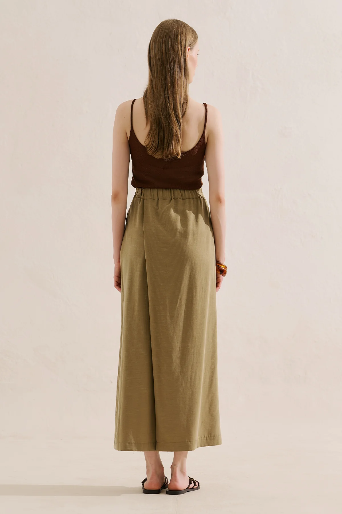 Linen Blend Skirt Effect Trousers Camel - Image 6