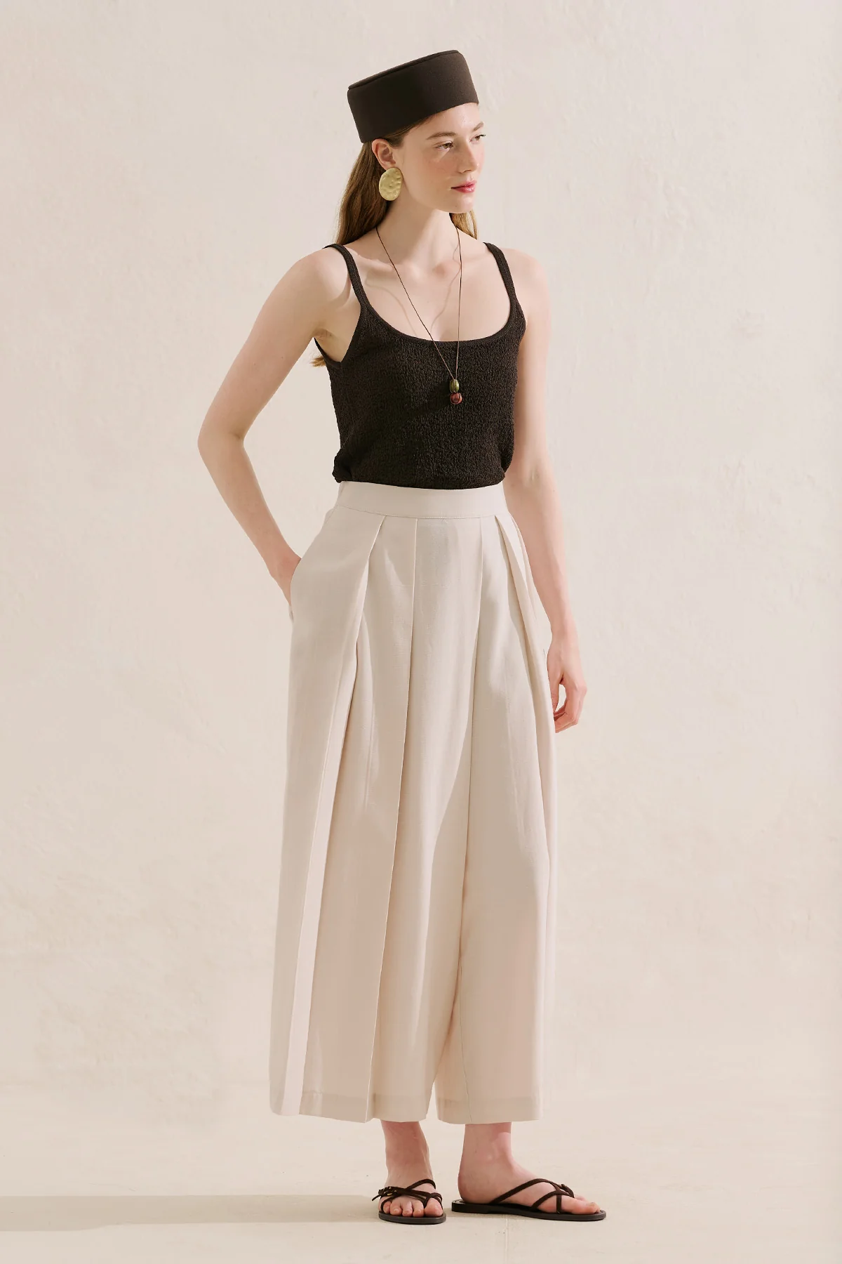 Linen Blend Skirt Effect Trousers Stone - Image 3