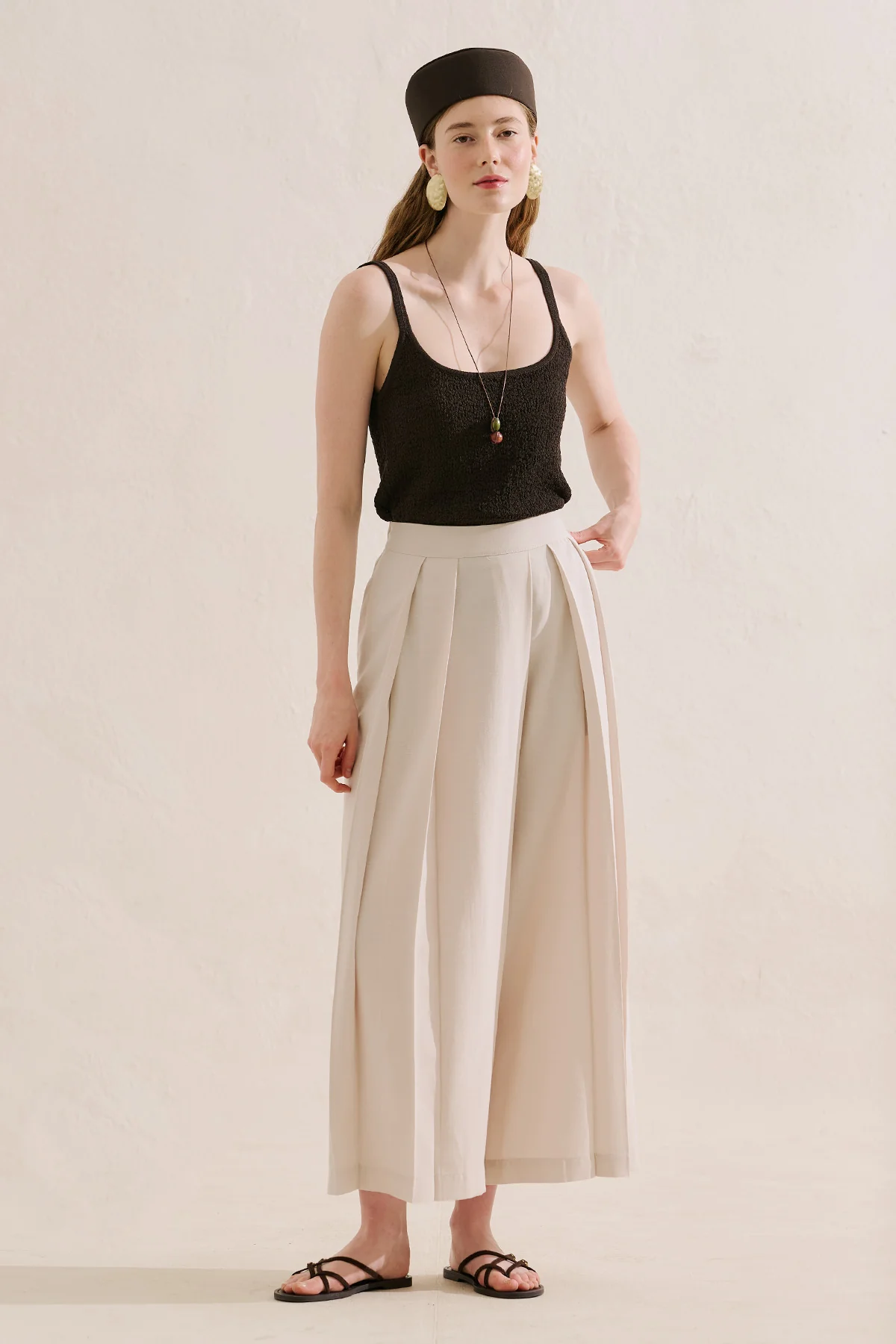 Linen Blend Skirt Effect Trousers Stone - Image 4