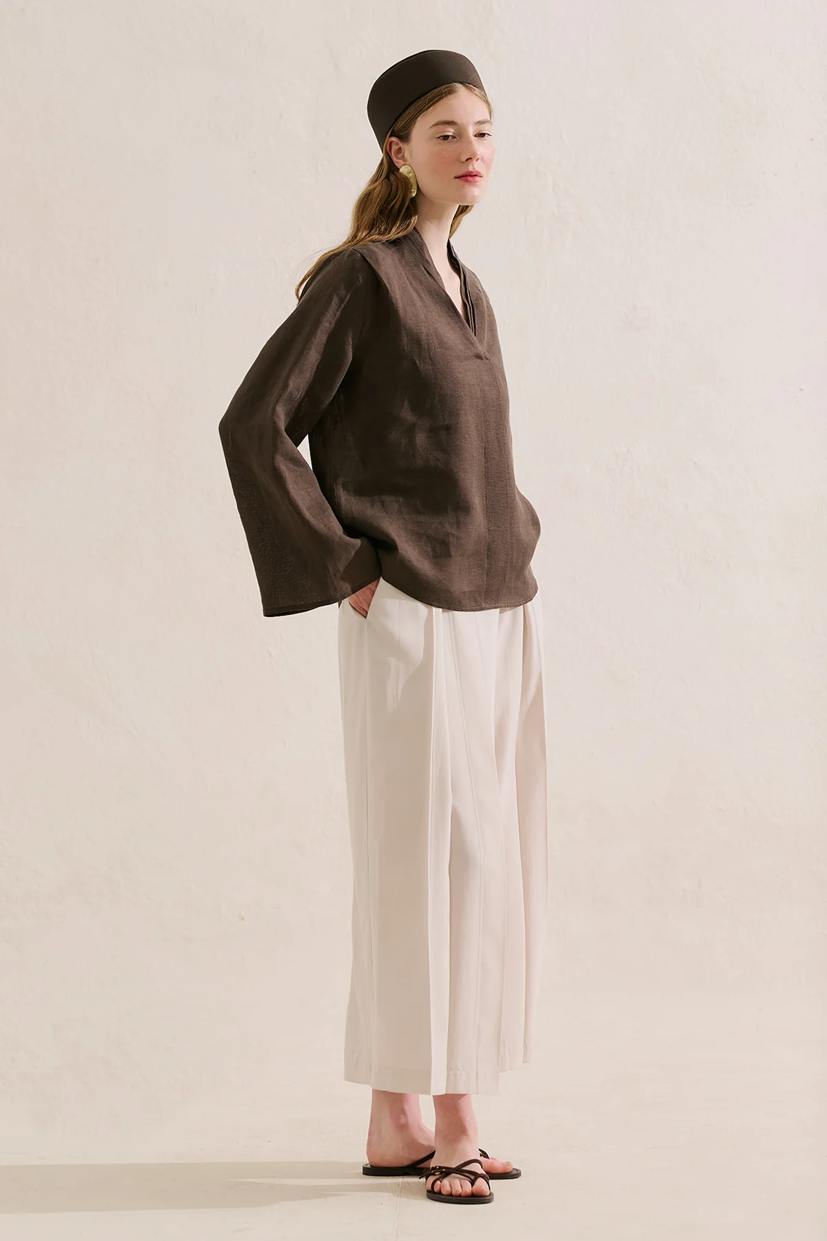 Layered Collar Linen Blouse Dark Brown - Image 6