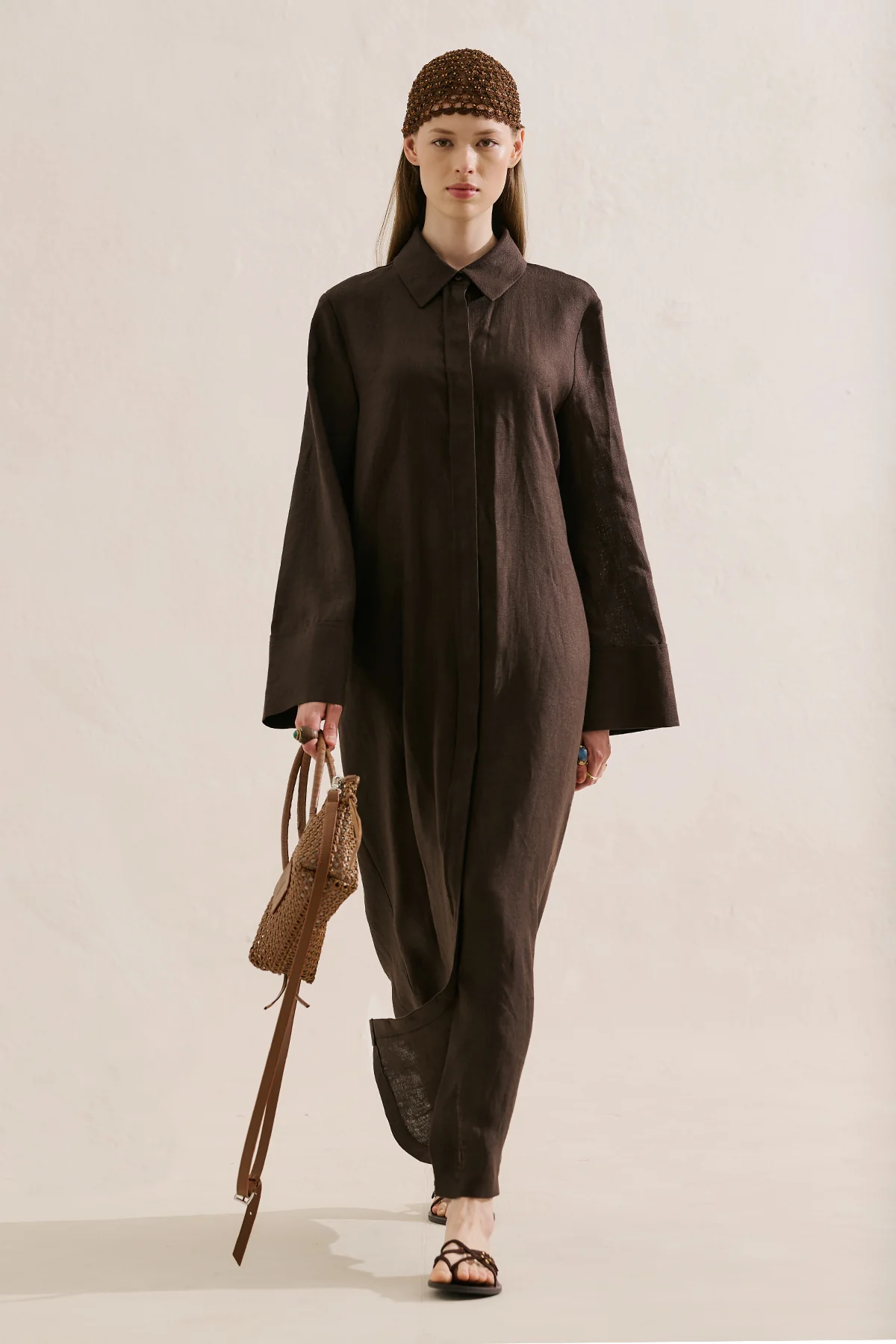 Linen Belted Shirt Dress Dark Brown