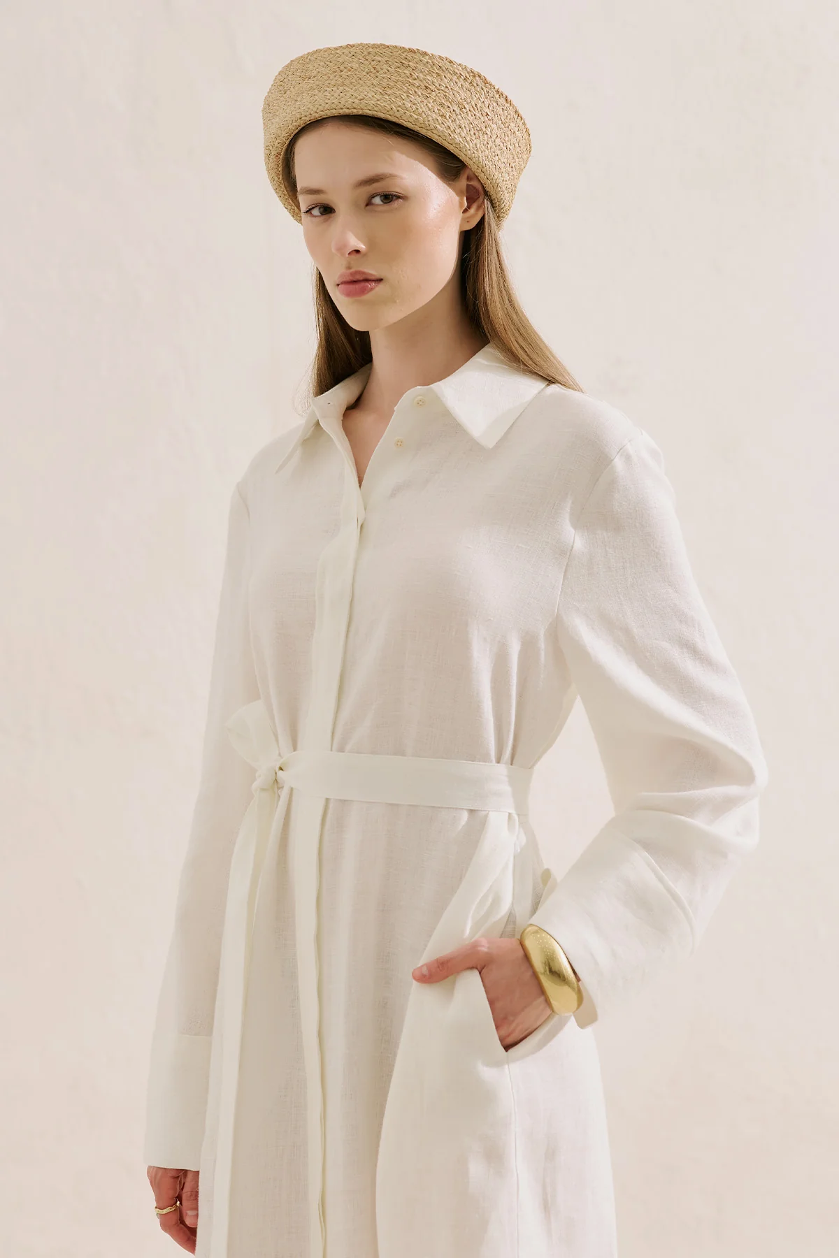 Linen Belted Shirt Dress Ecru - Image 3