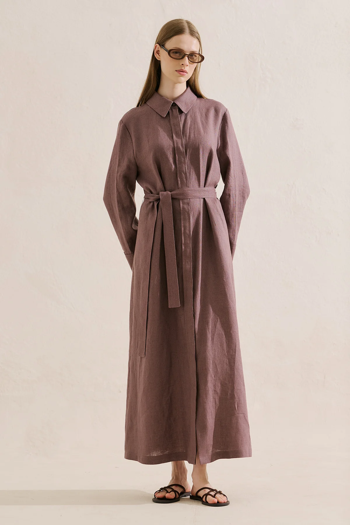 Linen Belted Shirt Dress Lavender - Image 2