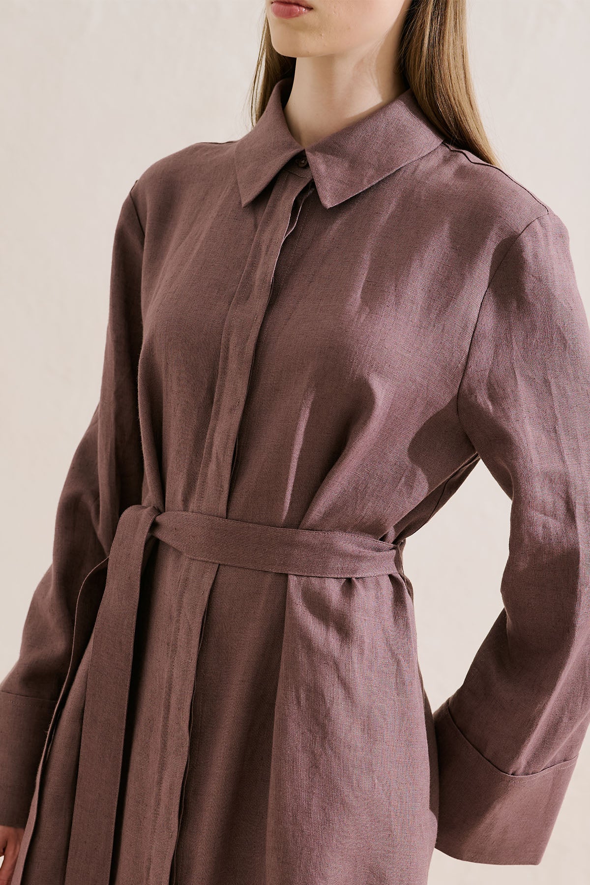 Linen Belted Shirt Dress Lavender - Image 5
