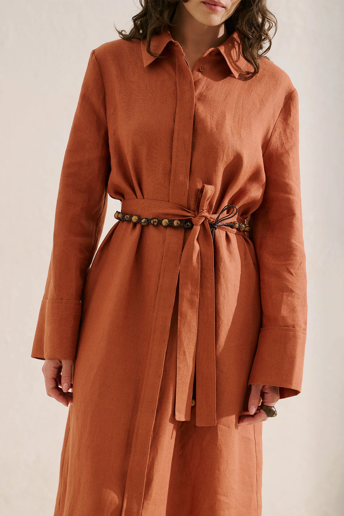 Linen Belted Shirt Dress Cinnamon - Image 3