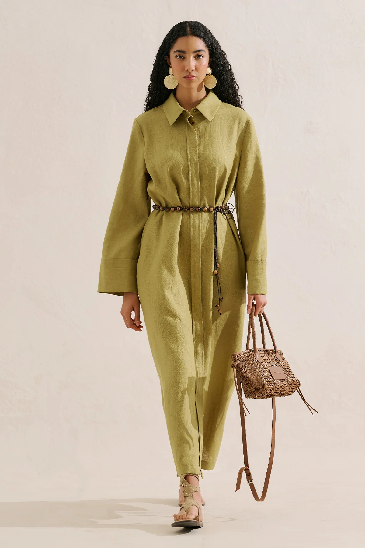 Linen Belted Shirt Dress Olive Green