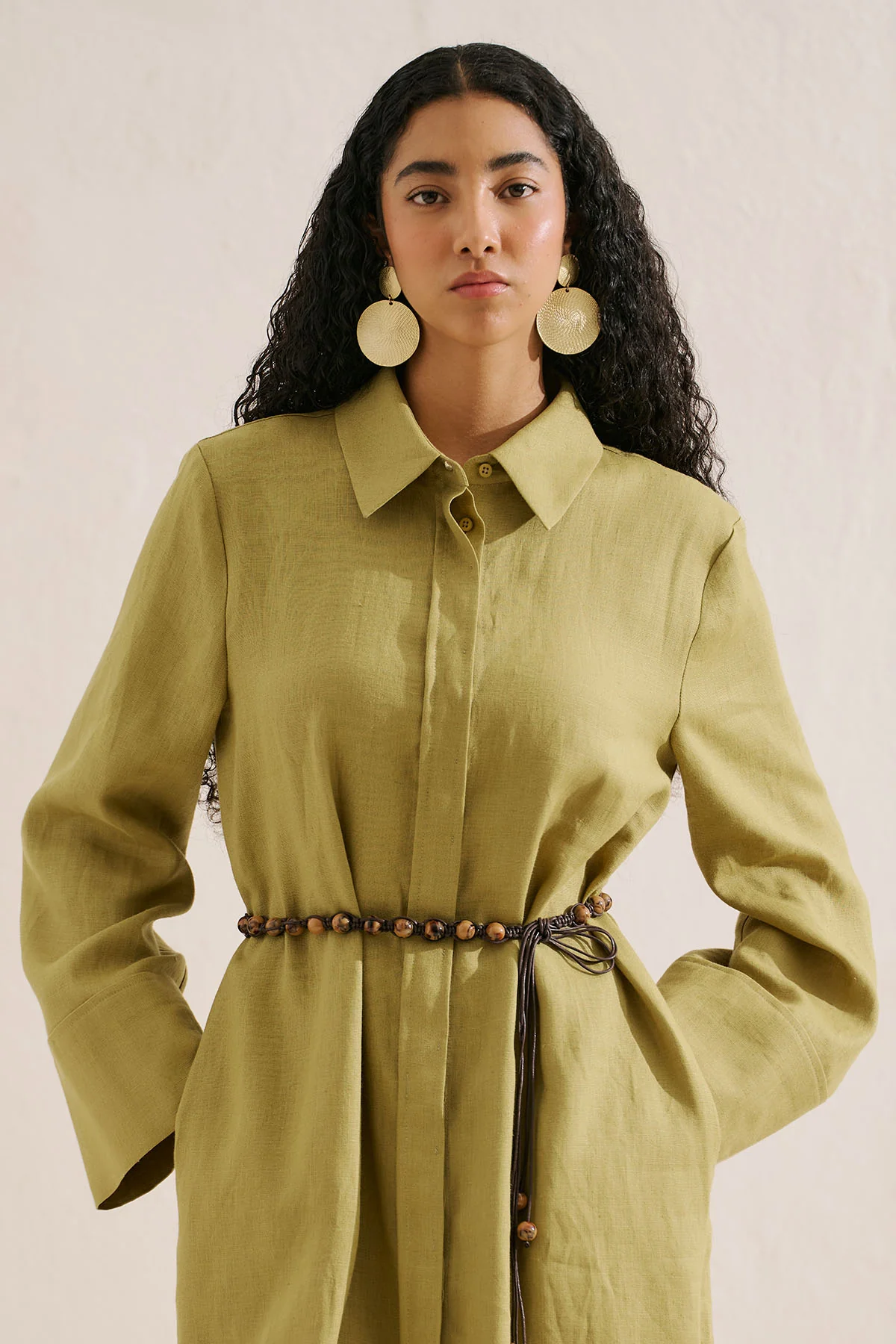 Linen Belted Shirt Dress Olive Green - Image 3