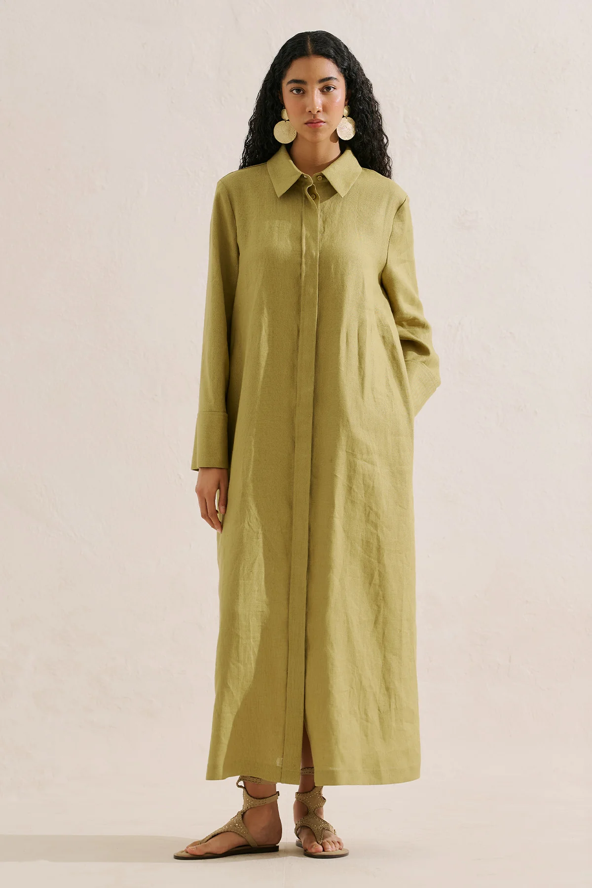 Linen Belted Shirt Dress Olive Green - Image 4