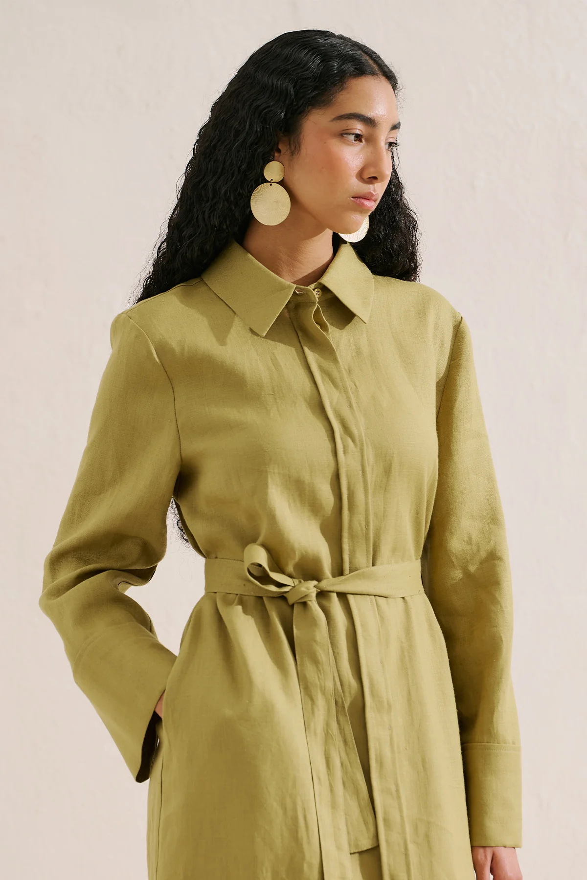 Linen Belted Shirt Dress Olive Green - Image 5