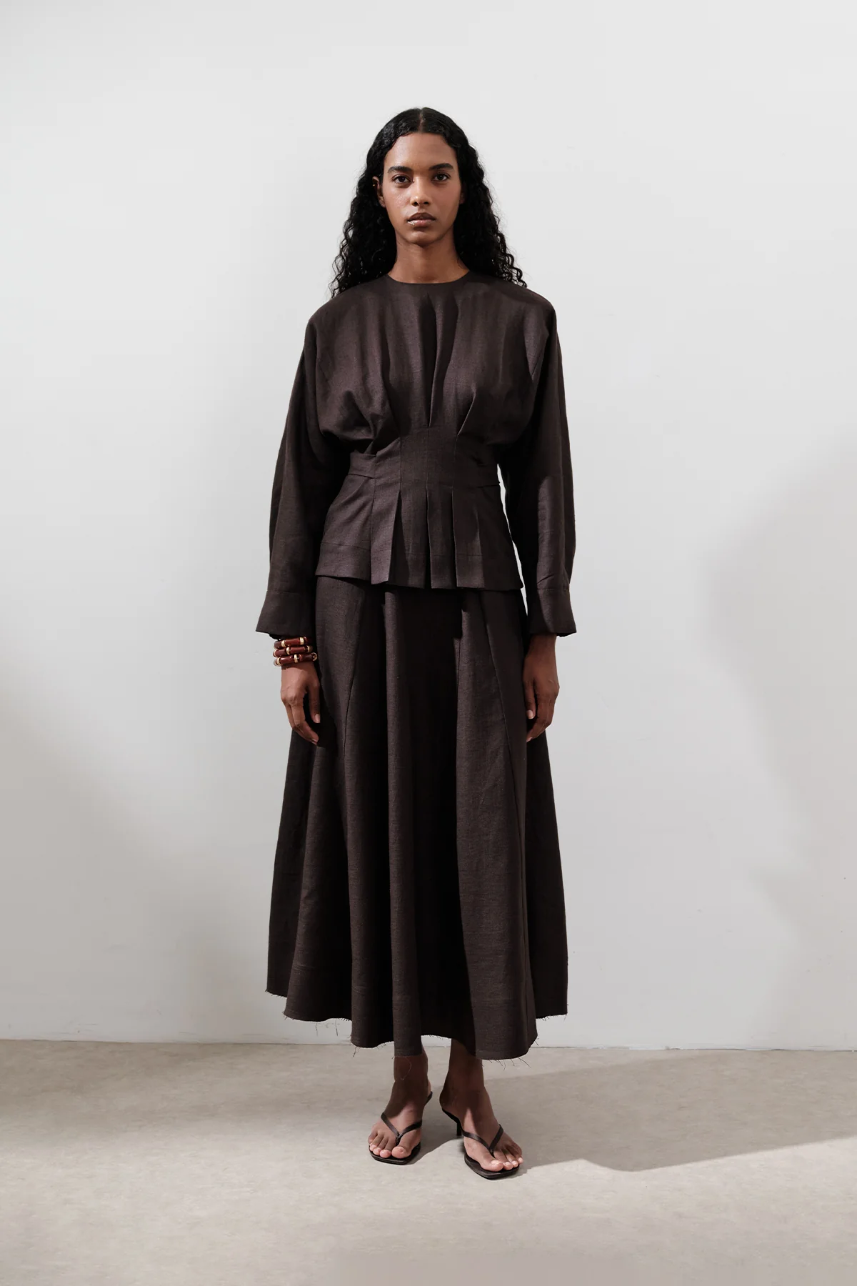 Crossover Tie Linen Blouse Dark Brown